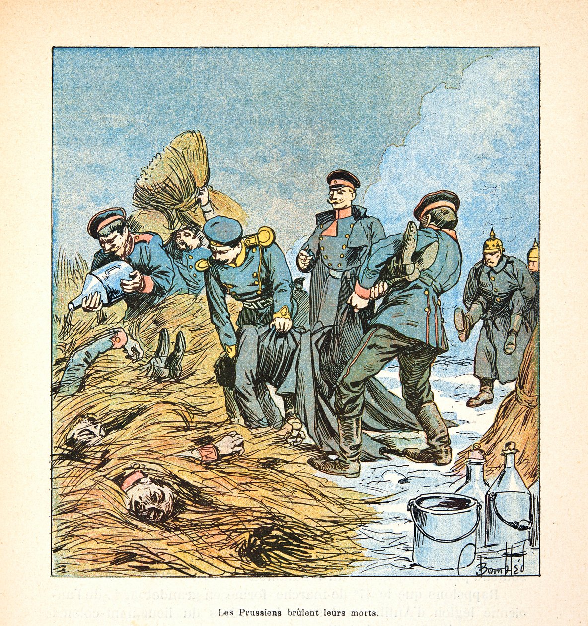 Die Armee der Loire von Eugene Sergent, genannt Grenest, illustriert von Louis Bombled (1862-1927) (Deutsch-Französischer Krieg; Feldzug von 1870-1871): Preußen verbrennen ihre Toten während des Krieges von 1870, Privatbesitz von Louis Charles Bombled