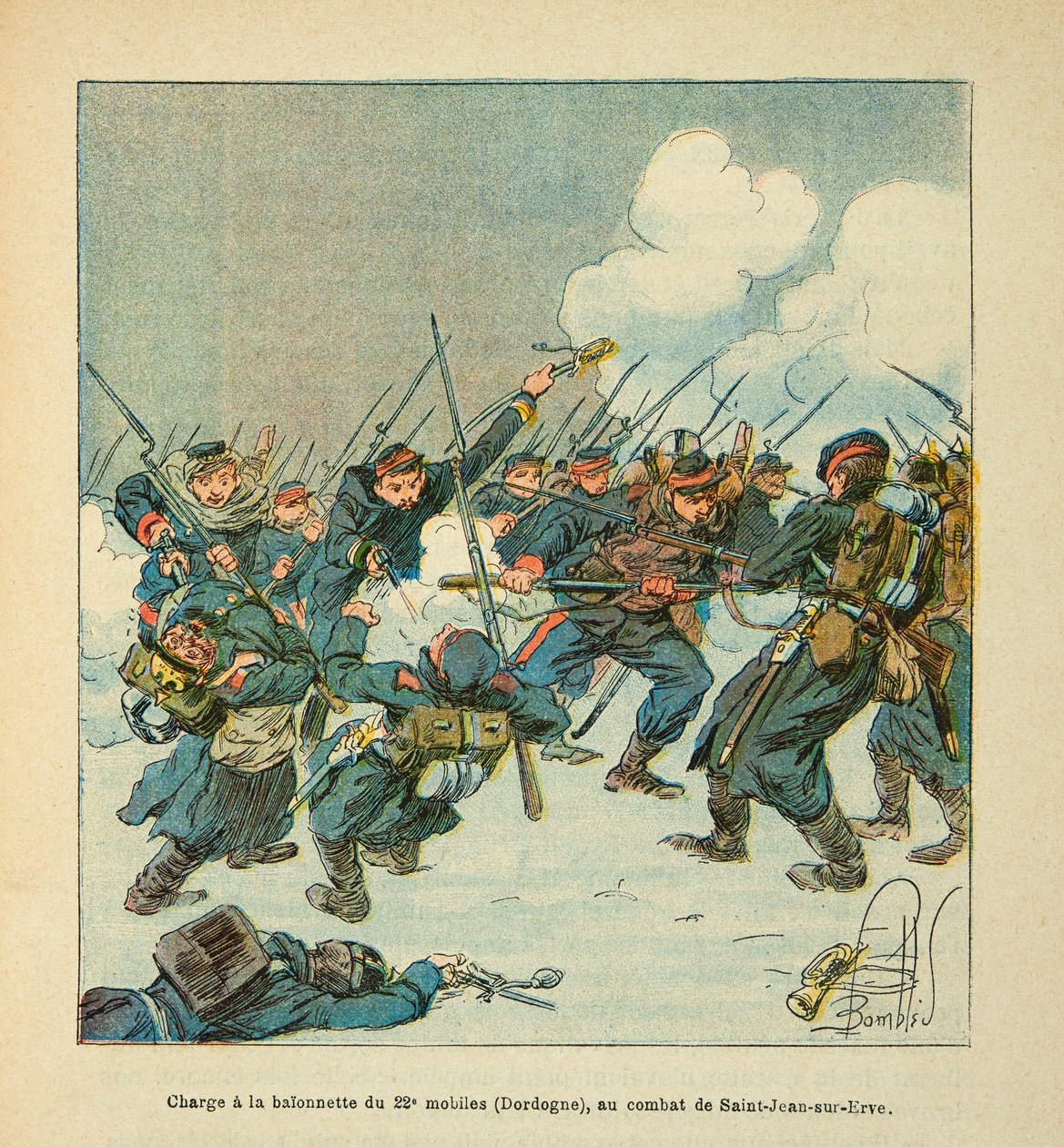 Die Armee der Loire von Eugene Sergent, illustriert von Louis Bombled (Deutsch-Französischer Krieg; Feldzug von 1870-1871): Bajonettangriff des 22. Mobilen (Dordogne) in der Schlacht von Saint Jean sur Evre im Januar 1871 von Louis Charles Bombled