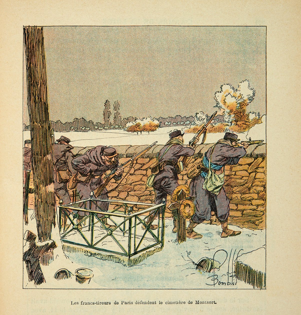 Die Armee der Loire von Eugene Sergent, genannt Grenest, illustriert von Louis Bombled (Französisch-Deutscher Krieg; Feldzug von 1870-1871): Die französischen Schützen von Paris verteidigen den Friedhof von Montsort (Alencon) im Januar 1871 von Louis Charles Bombled