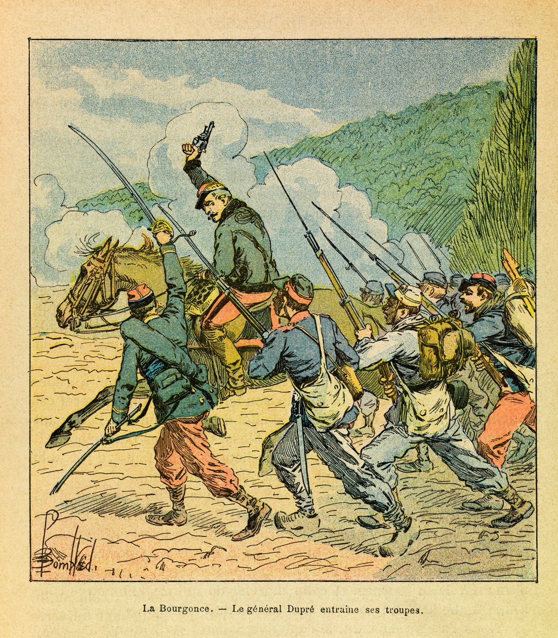 Die Armee des Ostens von Eugene Sergeant, illustriert von Louis Bombled: General Dupre an der Spitze seiner Männer in der Schlacht von La Bourgonce im Oktober 1870, Private Sammlung von Louis Charles Bombled