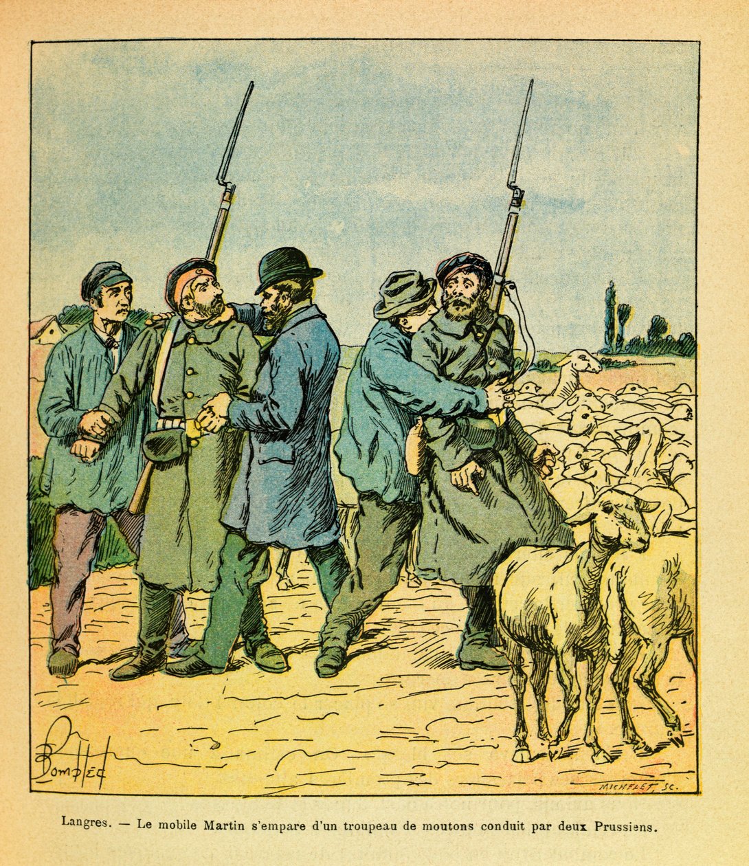 Die östliche Armee von Eugene Sergeant, genannt Grenest, illustriert von Louis Bombled (1862-1927) (Deutsch-Französischer Krieg; Feldzug von 1870-1871): Der Martin-Mobil, als Bauer verkleidet, ergriff eine Schafherde, die von zwei Preußen nach Langres gefü von Louis Charles Bombled