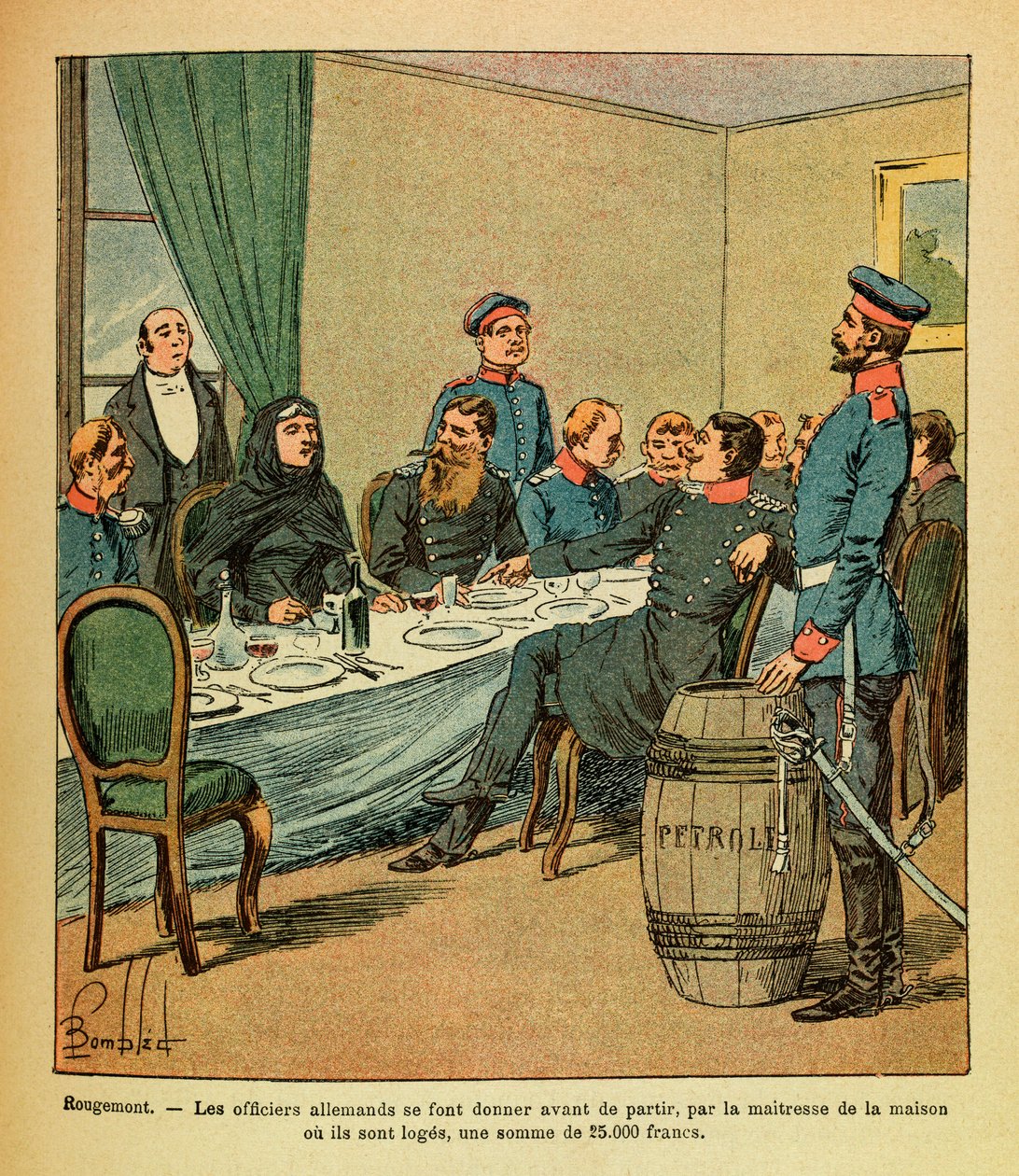 Die Ostarmee von Eugene Sergeant, genannt Grenest, illustriert von Louis Bombled (1862-1927) (Deutsch-Französischer Krieg; Feldzug von 1870-1871): In Rougemont wurden den deutschen Offizieren vor dem Verlassen von der Hausherrin, bei der sie untergebracht  von Louis Charles Bombled