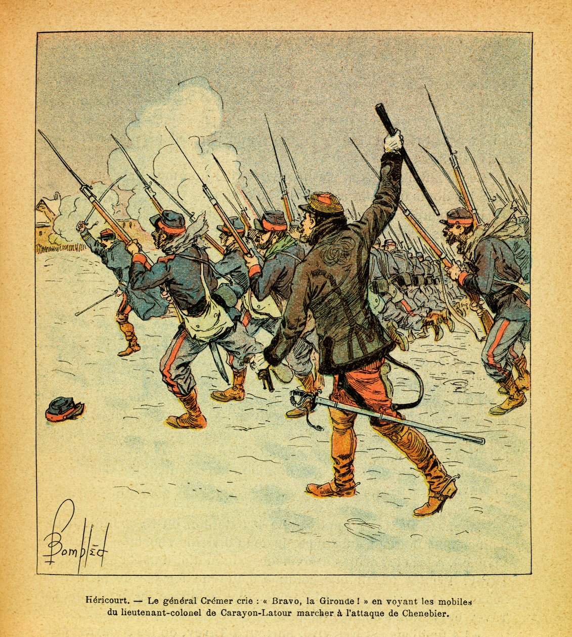 Die Ost-Armee von Eugene Sergeant, genannt Grenest, illustriert von Louis Bombled (1862-1927) (Deutsch-Französischer Krieg; Feldzug von 1870-1871): Januar 1871, Hericourt, General Cremer ruft „Bravo, La Gironde“, als er die Motive von Oberstleutnant sieht von Louis Charles Bombled