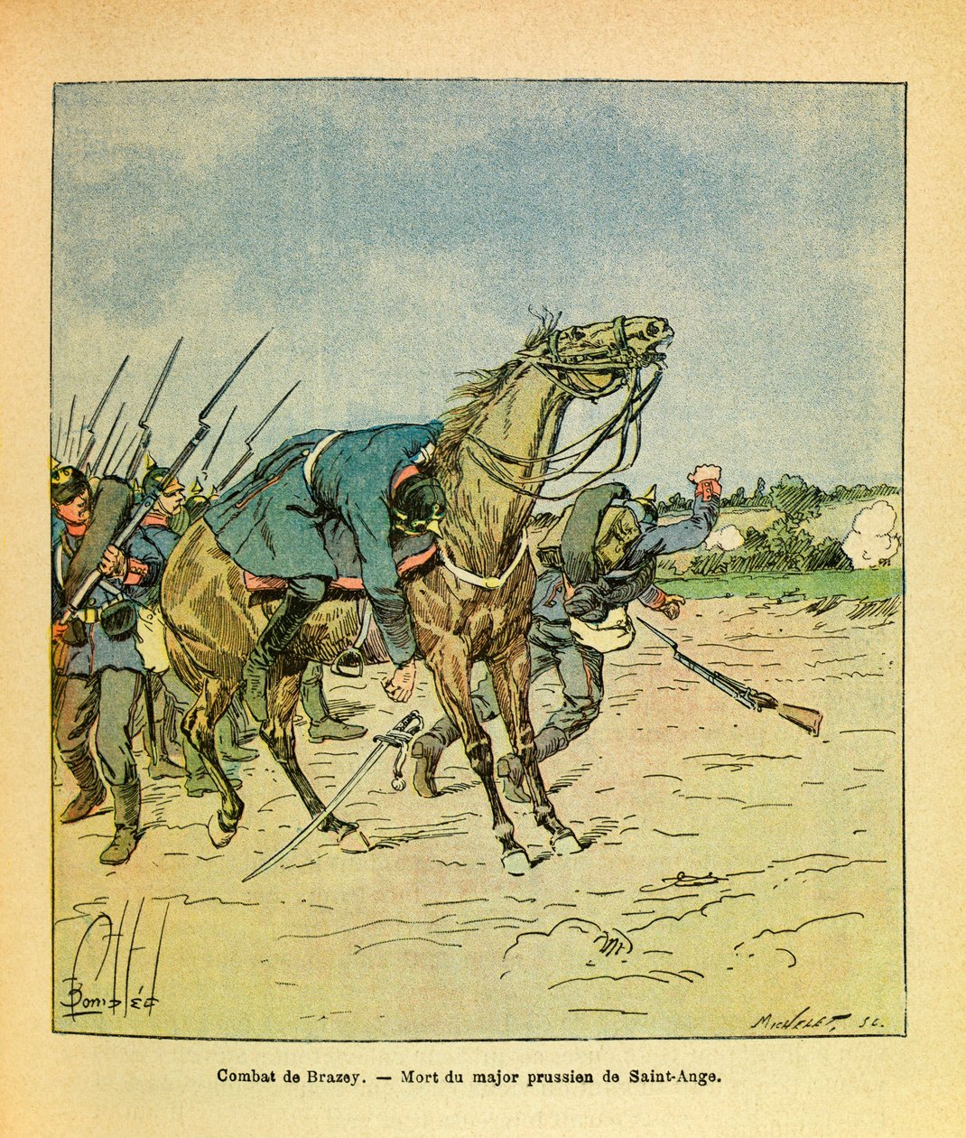 Die Armee des Ostens von Eugene Sergeant, illustriert von Louis Bombled: November 1870, während der Schlachten von Brazey, Major Preuße Saint Ange wird abgeschossen, Private Sammlung von Louis Charles Bombled