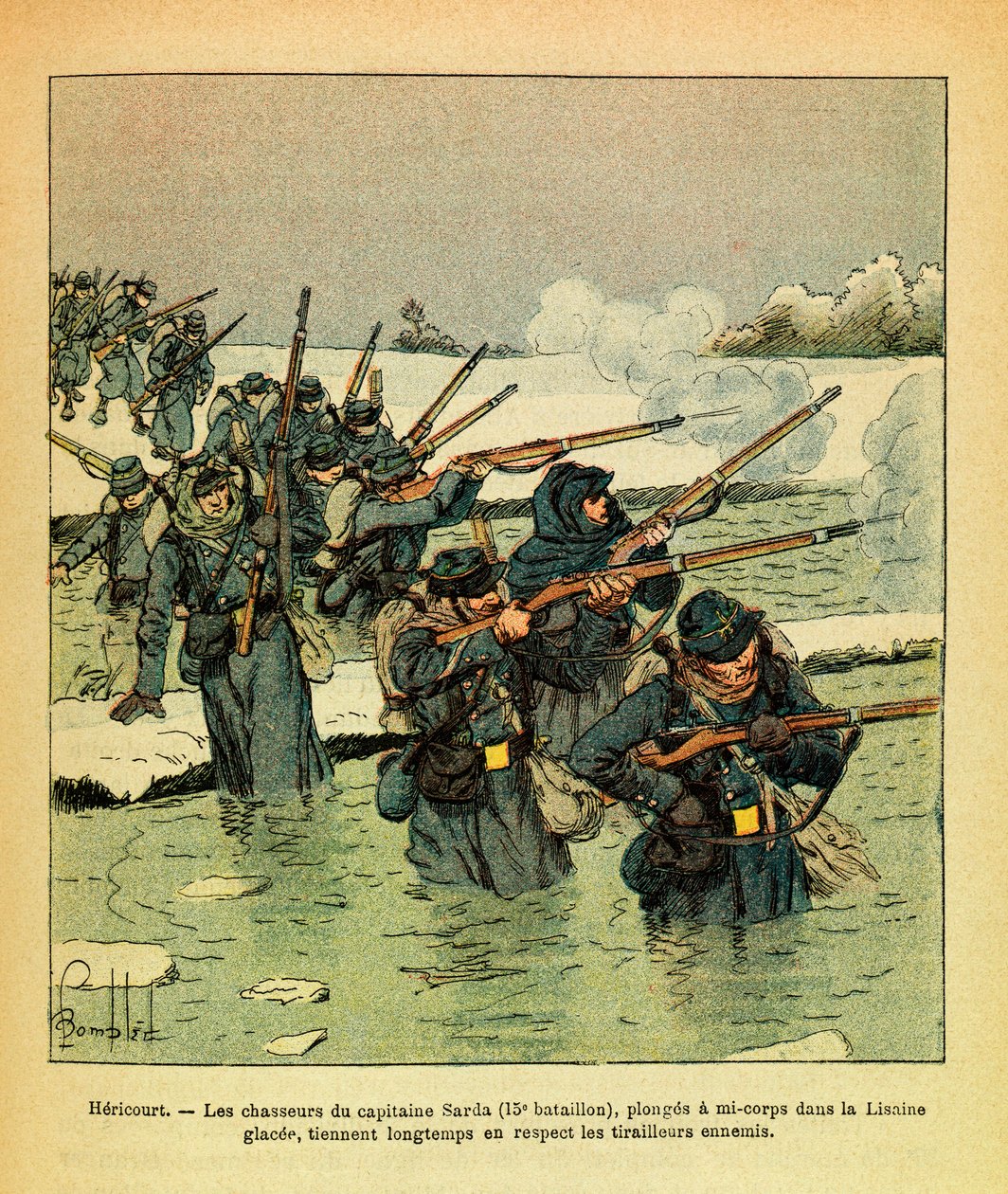 Die östliche Armee: Januar 1871, Hericourt, die Jäger von Hauptmann Sarda tauchen halb in das Eis der Lisaine ein, um den Feind lange aufzuhalten von Louis Charles Bombled