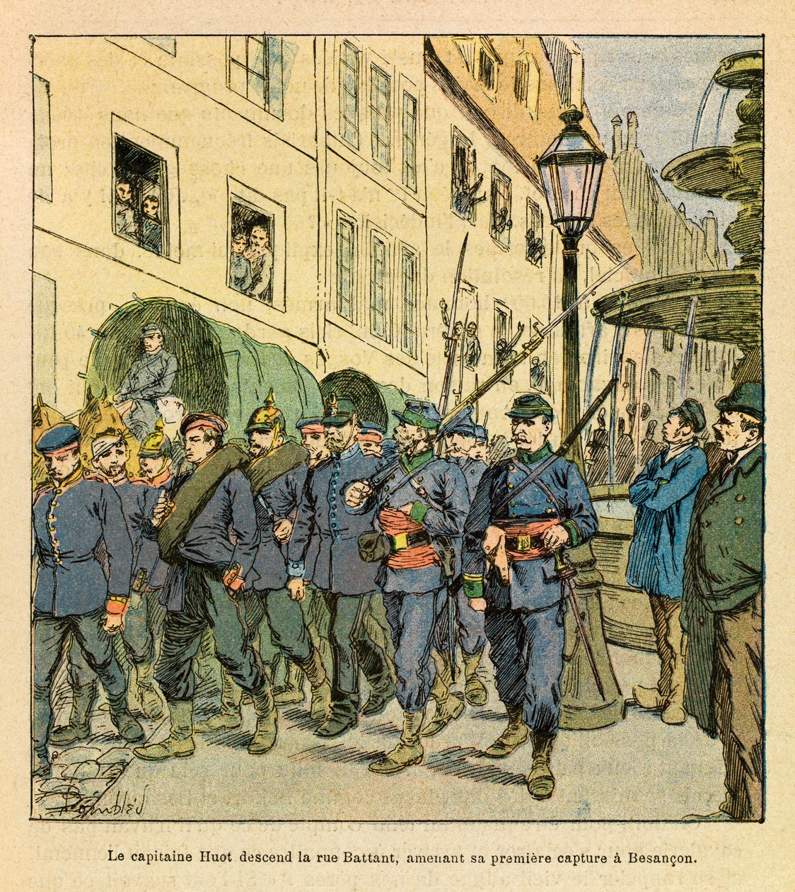Die Ostarmee von Eugene Sergeant, bekannt als Grenest, illustriert von Louis Bombled (1862-1927) (Deutsch-Französischer Krieg; Feldzug von 1870-1871): Hauptmann Huot geht die Rue Battant in Besancon hinunter mit preußischen Gefangenen, die in Bethoncourt l von Louis Charles Bombled
