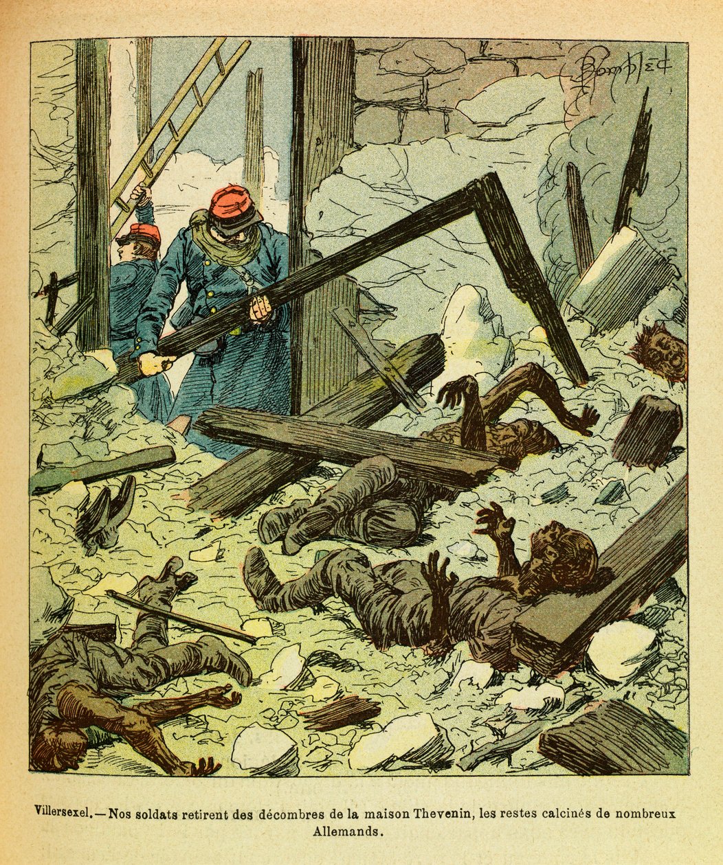 Die Armee des Ostens von Eugene Sergeant, bekannt als Grenest, illustriert von Louis Bombled (Deutsch-Französischer Krieg; Feldzug von 1870-1871): Januar 1871, Schlacht von Villersexel, französische Soldaten entfernen aus einem Haus die Überreste deutscher von Louis Charles Bombled
