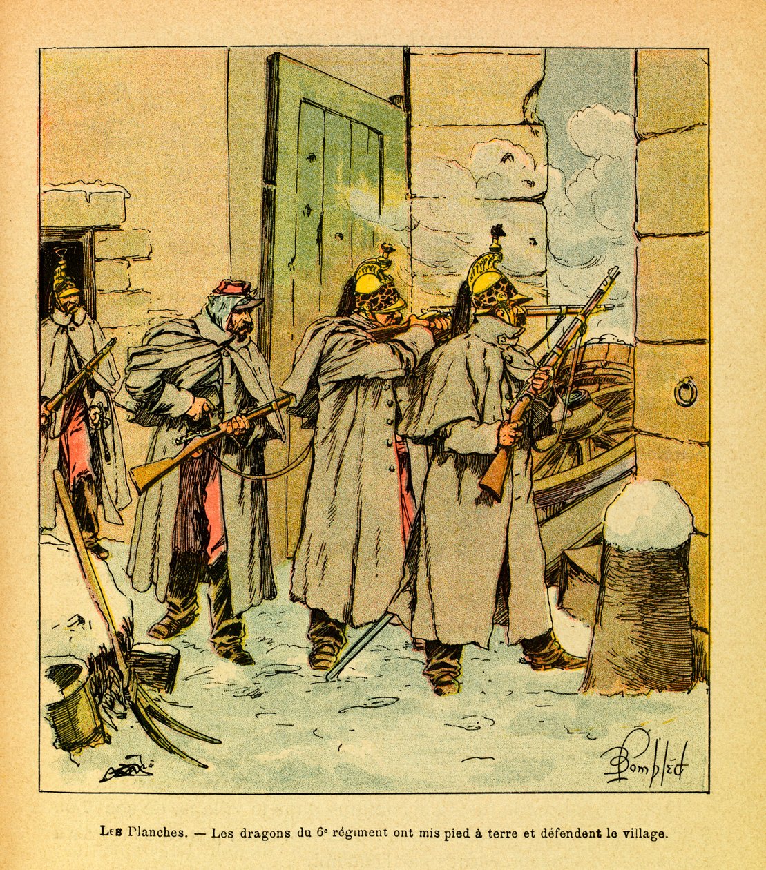 Die Ost-Armee von Eugene Sergeant, illustriert von Louis Bombled: Die Drachen des 6. Regiments verteidigen das Dorf Les Plches von Louis Charles Bombled