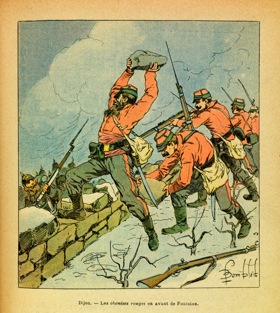 Die Ost-Armee von Eugene Sergeant, illustriert von Louis Bombled: Die roten Hemden von Garibaldi vor Fontaine von Louis Charles Bombled