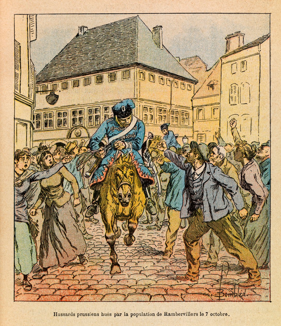 Die Ost-Armee von Eugene Sergeant, illustriert von Louis Bombled: Preußische Vorhut wird von der Bevölkerung von Rambervillers ausgebuht von Louis Charles Bombled