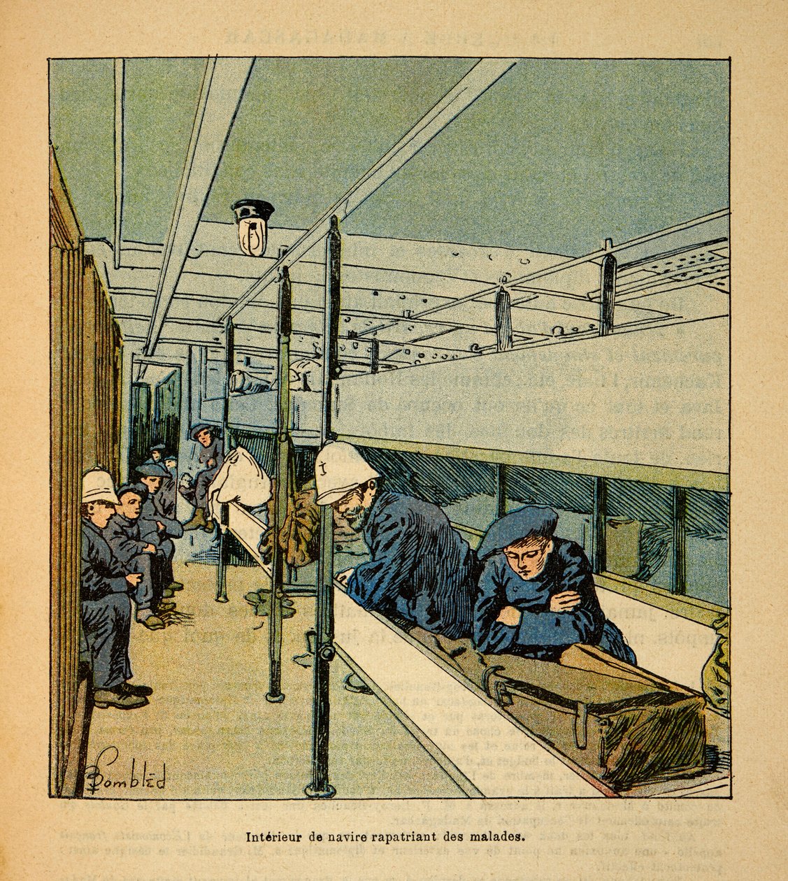 Der Krieg in Madagaskar - Anekdotische Geschichte der französischen Expeditionen von 1885-1895 von Henri Galli dit Galllichet (1854-1922), illustriert von Louis Bombled (1862-1927): Innenraum eines Hospitalschiffs, das kranke Soldaten repatriiert, Private  von Louis Charles Bombled