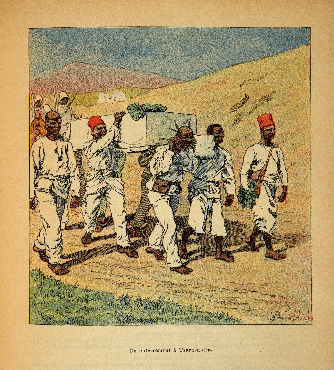 Der Krieg in Madagaskar - Anekdotische Geschichte der französischen Expeditionen von 1885-1895 von Henri Galli dit Galllichet (1854-1922), illustriert von Louis Bombled (1862-1927): Beerdigung eines Soldaten in Tsarasaotra im Jahr 1895, Private Sammlung von Louis Charles Bombled