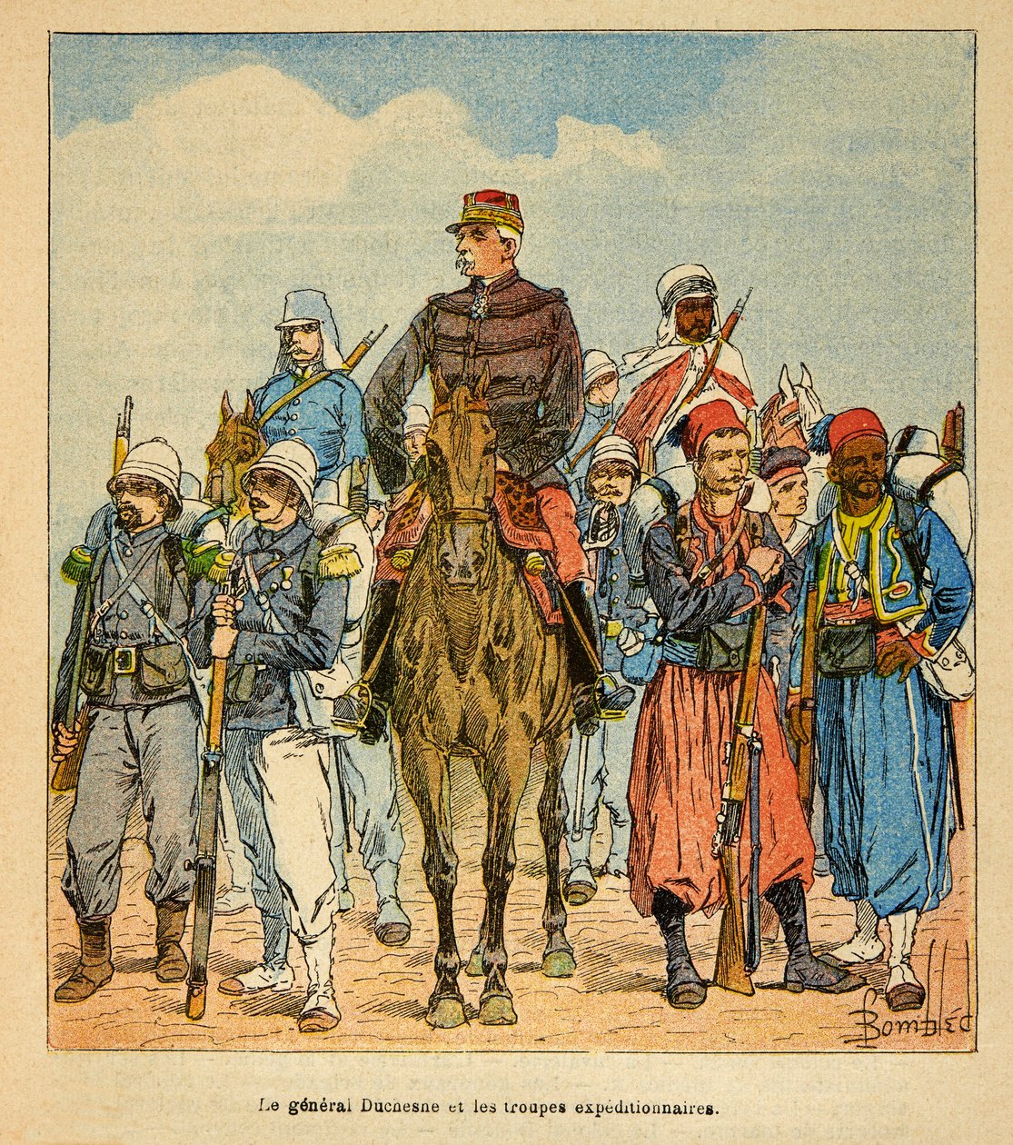Der Krieg in Madagaskar - Anekdotische Geschichte der französischen Expeditionen von 1885-1895 von Henri Galli dit Galllichet, illustriert von Louis Bombled: General Duchesne mit den Expeditionsstreitkräften von Madagaskar von Louis Charles Bombled