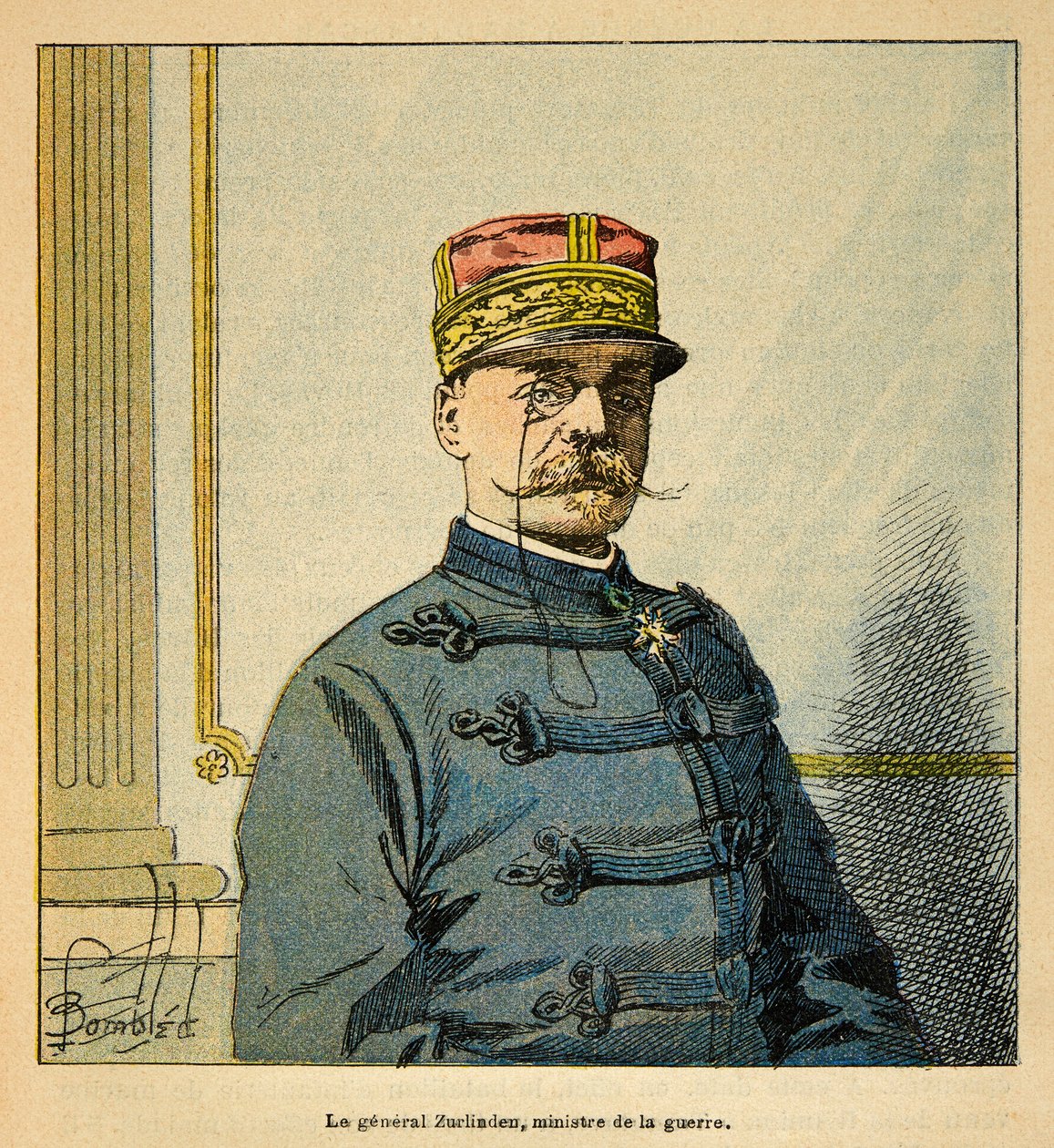 Der Krieg in Madagaskar - Anekdotische Geschichte der französischen Expeditionen von 1885-1895 von Henri Galli dit Galllichet, illustriert von Louis Bombled: Porträt von General Emile Auguste Francois Zurlinden, Kriegsminister von Louis Charles Bombled