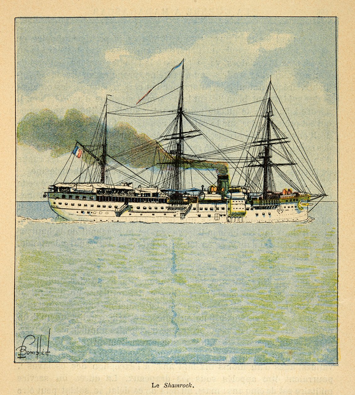 Der Krieg in Madagaskar - Anekdotische Geschichte der französischen Expeditionen von 1885-1895 von Henri Galli dit Galllichet, illustriert von Louis Bombled: Das Hospitalschiff „Shamrock“ auf dem Weg nach Madagaskar von Louis Charles Bombled