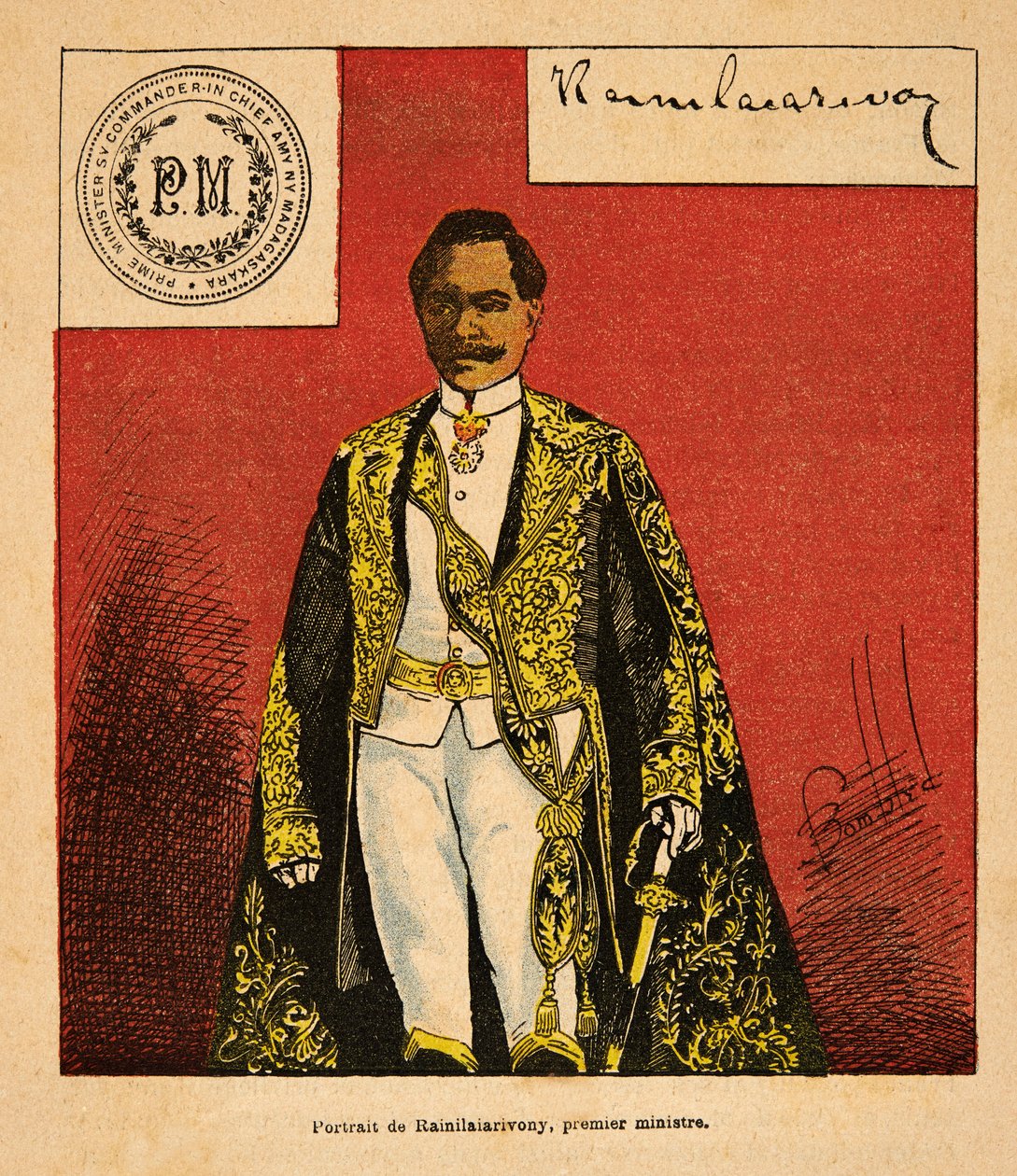 Der Krieg in Madagaskar - Anekdotische Geschichte der französischen Expeditionen von 1885-1895 von Henri Galli dit Galllichet, illustriert von Louis Bombled: Porträt von Premierminister Rainilaiarivony von Louis Charles Bombled