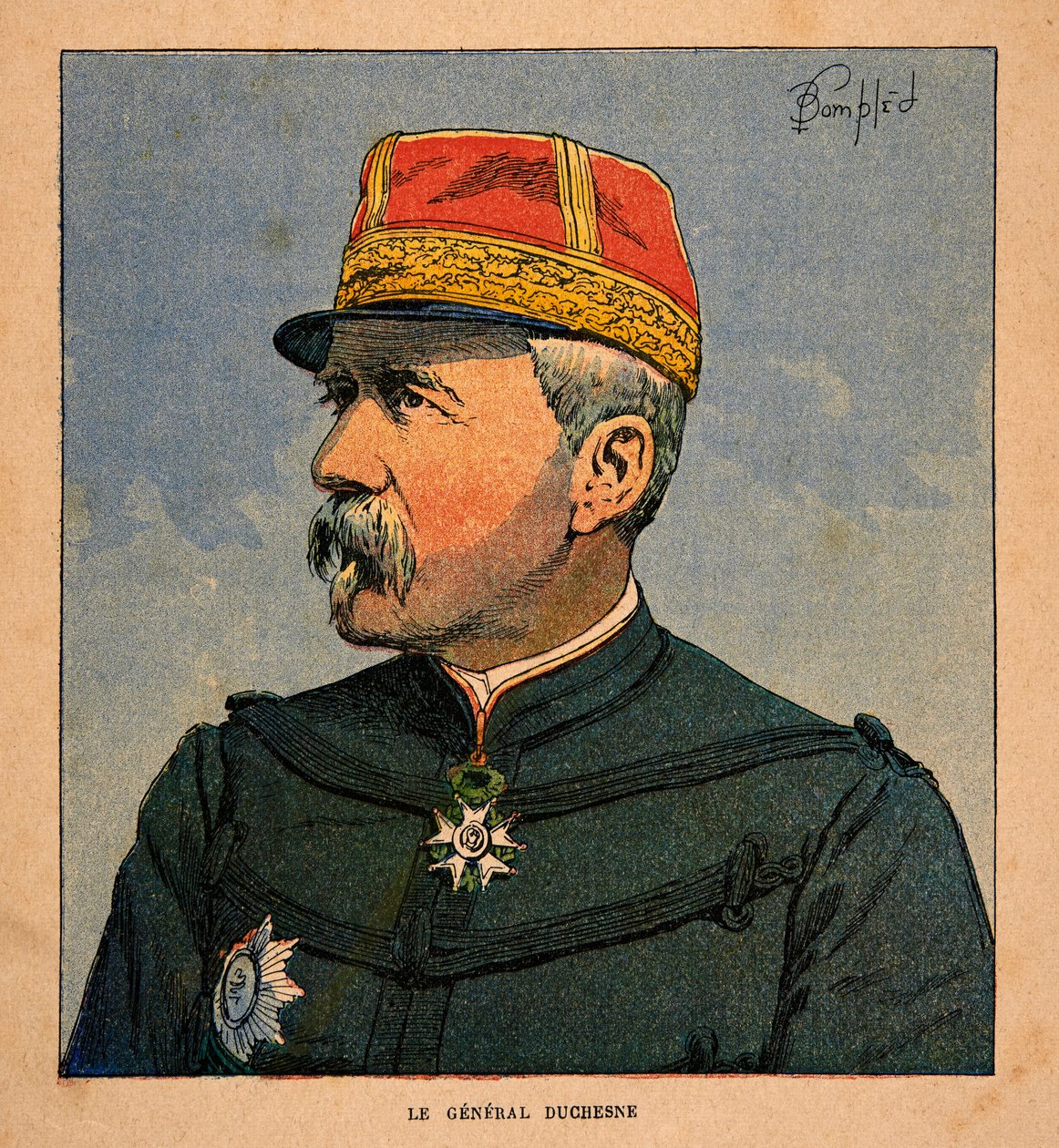 Der Krieg in Madagaskar - Anekdotische Geschichte der französischen Expeditionen von 1885-1895 von Henri Galli dit Galllichet, illustriert von Louis Bombled: Porträt von General Duchesne, Oberbefehlshaber der französischen Expeditionsstreitkräfte von Louis Charles Bombled