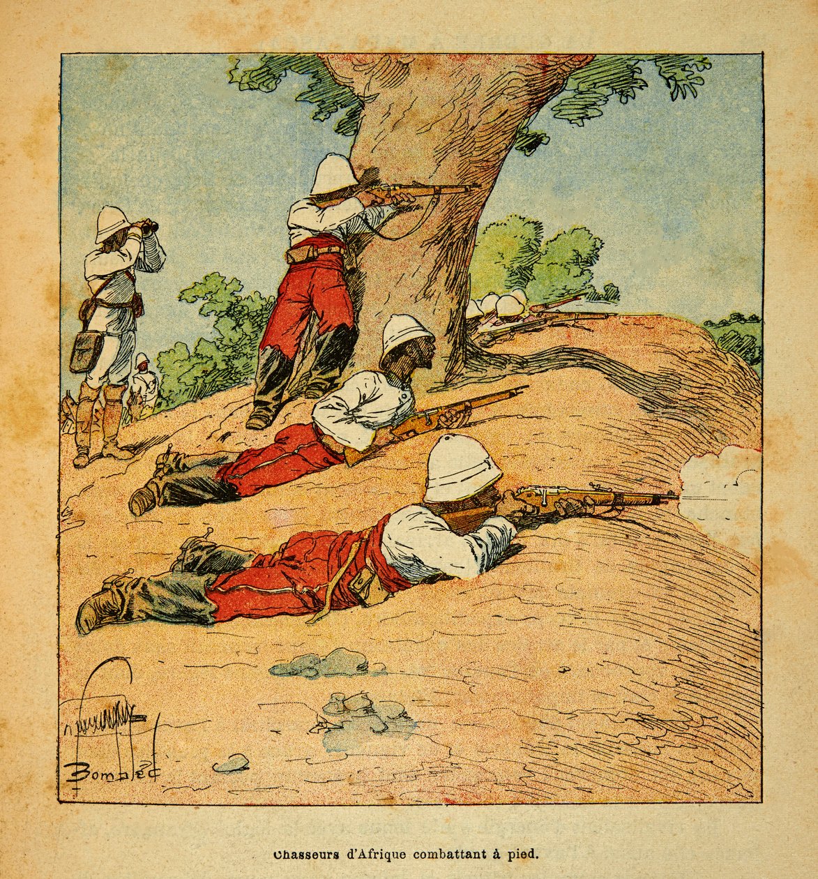 Der Krieg in Madagaskar - Anekdotische Geschichte der französischen Expeditionen von 1885-1895 von Henri Galli dit Galllichet (1854-1922), illustriert von Louis Bombled (1862-1927): Afrikanische Jäger kämpfen zu Fuß in Madagaskar im Jahr 1895, Private Samm von Louis Charles Bombled