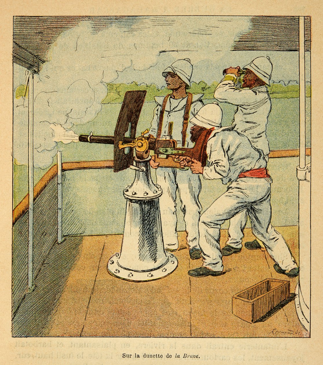 Der Krieg in Madagaskar - Anekdotische Geschichte der französischen Expeditionen von 1885-1895 von Henri Galli dit Galllichet (1854-1922), illustriert von Louis Bombled (1862-1927): Kanonenschuss auf die Hovas an Bord der Kanoniere „La Brave“ im Jahr 1895, von Louis Charles Bombled