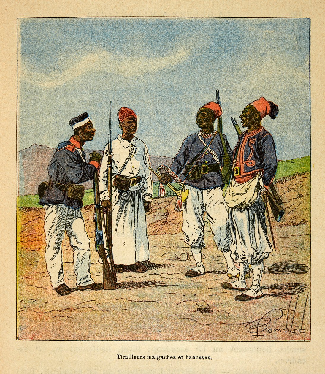 Der Krieg in Madagaskar - Anekdotische Geschichte der französischen Expeditionen von 1885-1895 von Henri Galli dit Galllichet (1854-1922), illustriert von Louis Bombled (1862-1927): Malagasy und Haoussas Tirailleurs, Private Sammlung von Louis Charles Bombled