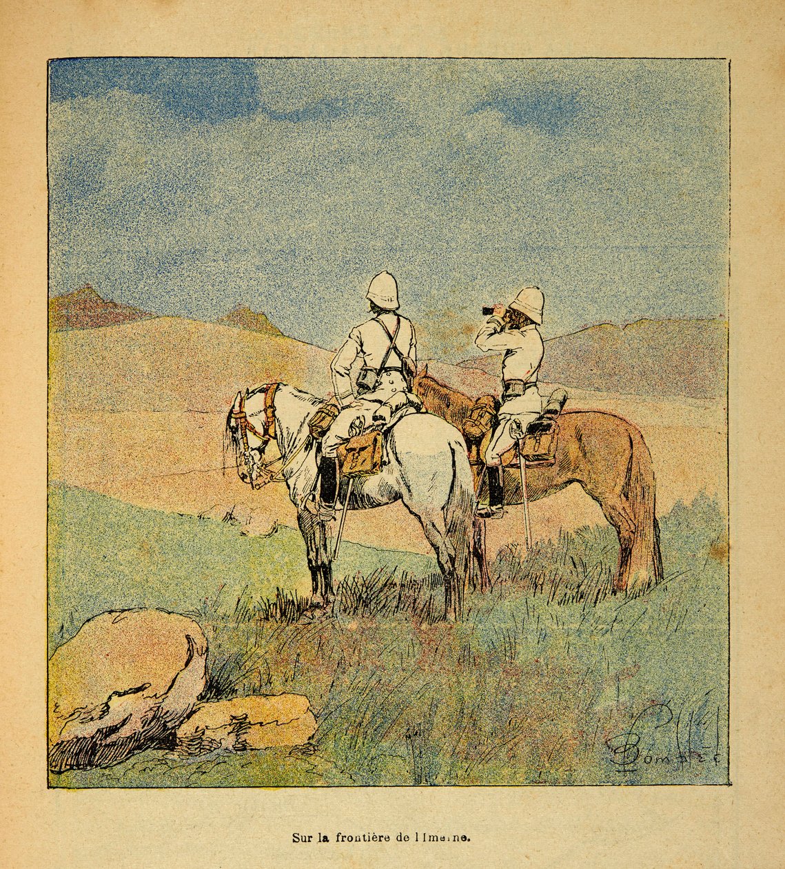 Der Krieg in Madagaskar - Anekdotische Geschichte der französischen Expeditionen von 1885-1895 von Henri Galli, illustriert von Louis Bombled: Militär bei der Aufklärung an der Grenze von Imerina in Madagaskar 1895 von Louis Charles Bombled
