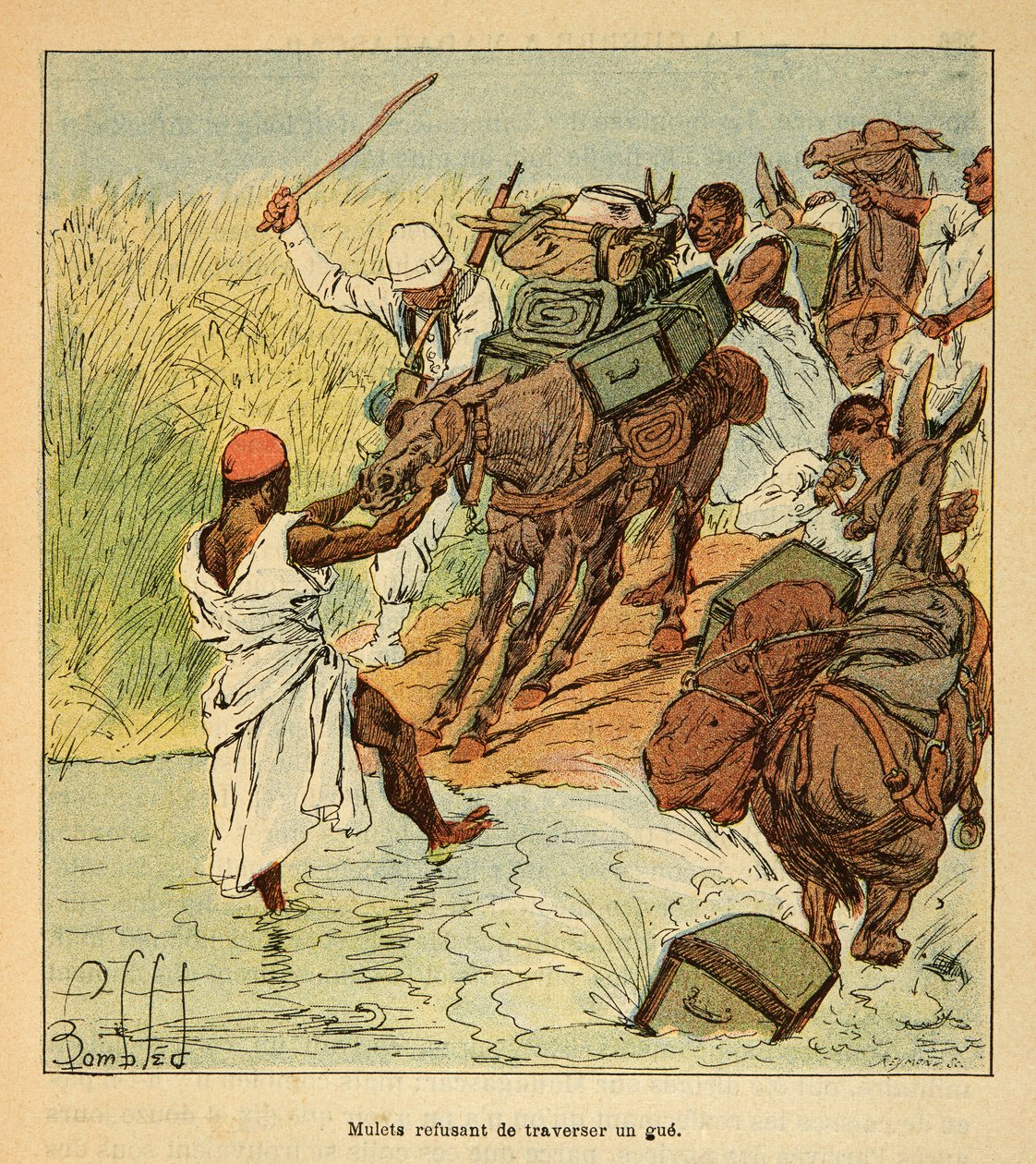 Der Krieg in Madagaskar - Anekdotische Geschichte der französischen Expeditionen von 1885-1895: Maultiere verweigern die Überquerung einer Furt während der französischen Expedition nach Madagaskar 1895 von Louis Charles Bombled