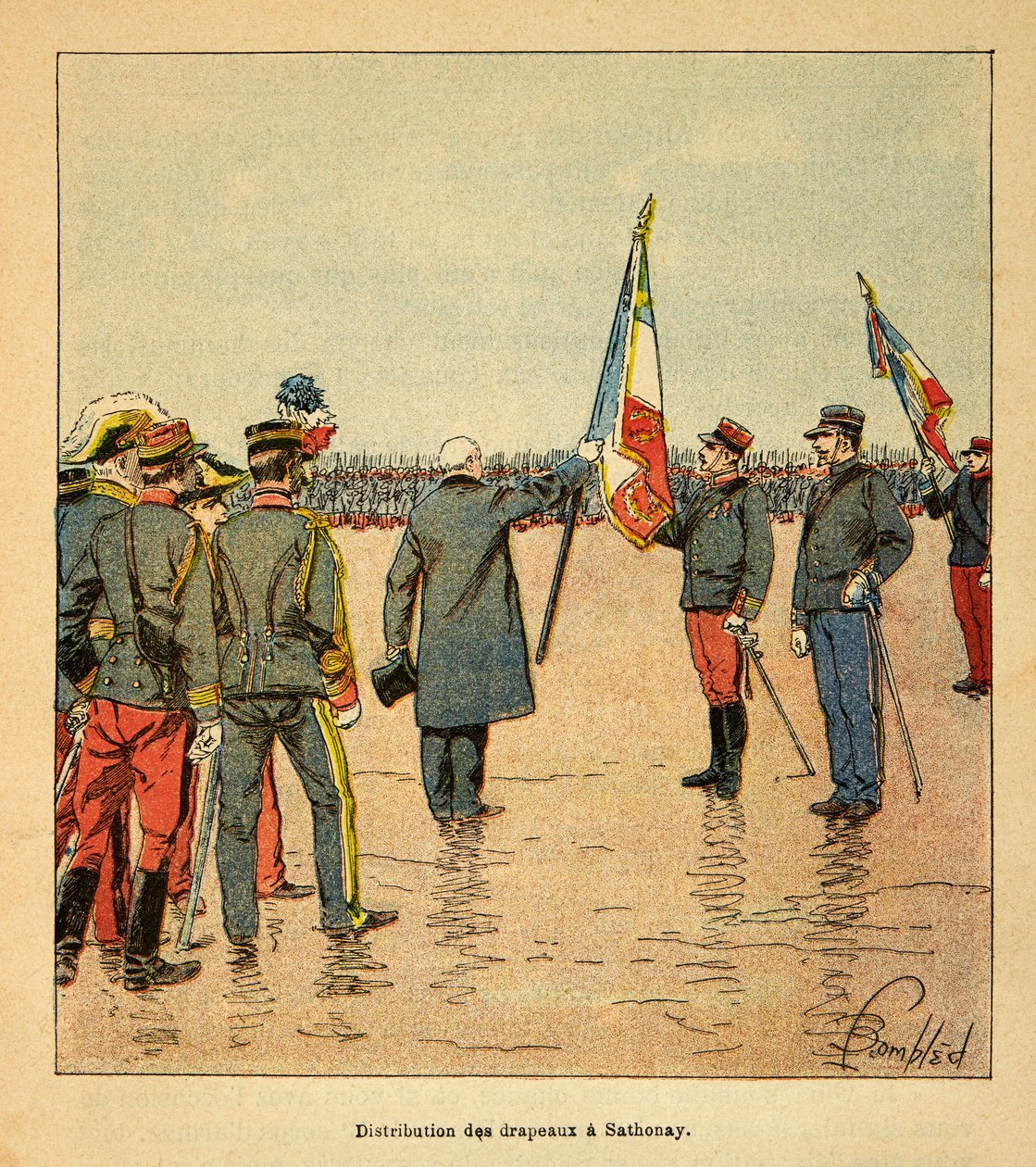 Der Krieg in Madagaskar - Anekdotische Geschichte der französischen Expeditionen von 1885-1895: Verteilung von Fahnen in Sathonay an die Truppen, die 1895 nach Madagaskar abreisen, in Anwesenheit von General Voyron von Louis Charles Bombled