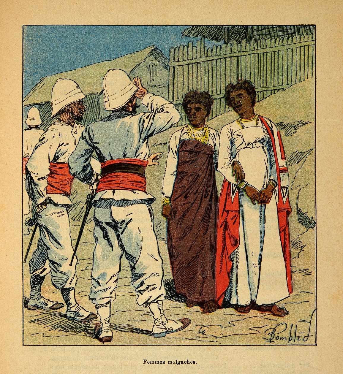 Der Krieg in Madagaskar - Anekdotische Geschichte der französischen Expeditionen von 1885-1895 von Henri Galli dit Galllichet, illustriert von Louis Bombled: Französische Soldaten sympathisieren mit madagassischen Frauen von Louis Charles Bombled