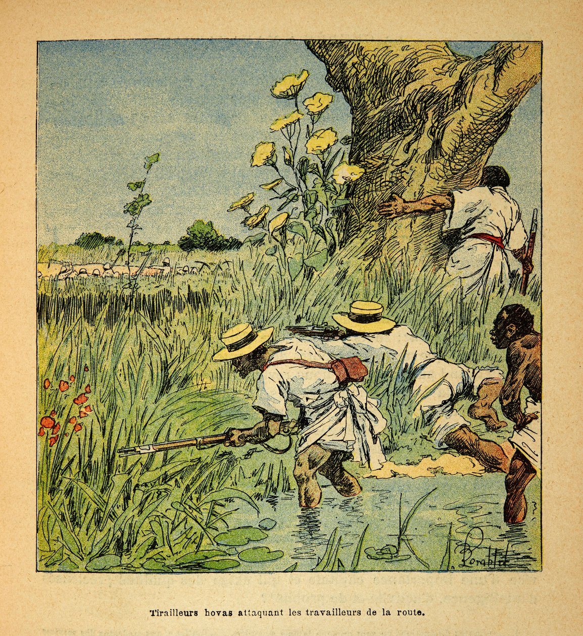 Der Krieg in Madagaskar - Anekdotische Geschichte der französischen Expeditionen von 1885-1895 von Henri Galli dit Galllichet, illustriert von Louis Bombled: Hovas Tirailleurs greifen das Militär beim Straßenbau 1895 an von Louis Charles Bombled