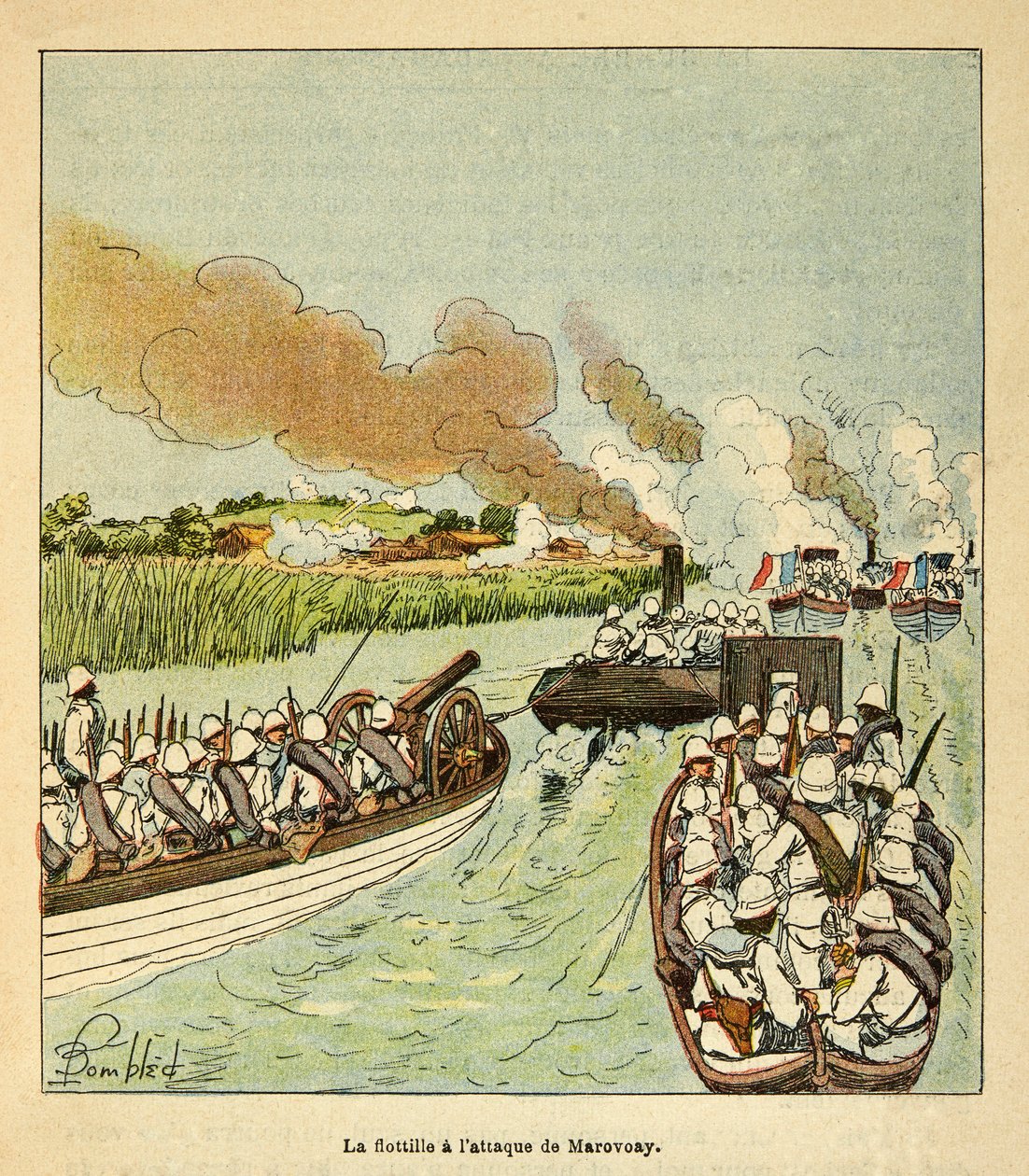 Der Krieg in Madagaskar - Anekdotische Geschichte der französischen Expeditionen von 1885-1895 von Henri Galli dit Galllichet, illustriert von Louis Bombled: Die Marineinfanterie griff die Stadt Marovoay 1895 an von Louis Charles Bombled