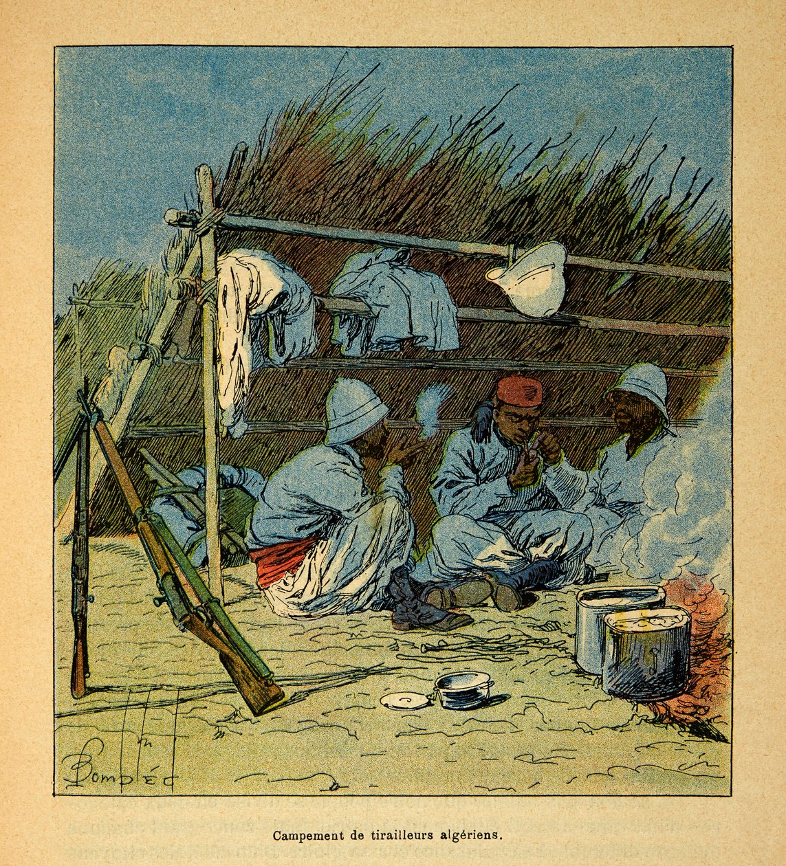 Der Krieg in Madagaskar - Anekdotische Geschichte der französischen Expeditionen von 1885-1895 von Henri Galli dit Galllichet (1854-1922), illustriert von Louis Bombled (1862-1927): Lager der Algerier in Madagaskar im Jahr 1895, Privatbesitz von Louis Charles Bombled