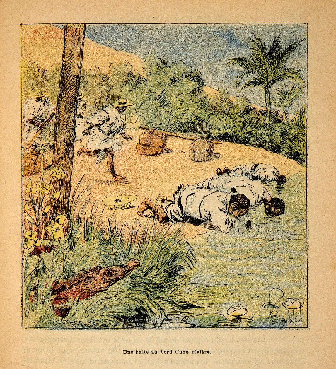 Der Krieg in Madagaskar - Anekdotische Geschichte der französischen Expeditionen von 1885-1895 von Henri Galli dit Galllichet (1854-1922), illustriert von Louis Bombled (1862-1927): Eine Pause am Fluss im Jahr 1895, Privatbesitz von Louis Charles Bombled