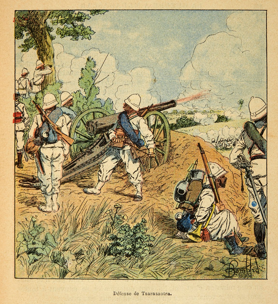 Der Krieg in Madagaskar - Anekdotische Geschichte der französischen Expeditionen von 1885-1895 von Henri Galli dit Galllichet (1854-1922), illustriert von Louis Bombled (1862-1927): Verteidigung von Tsarasaotra im Jahr 1895, Privatbesitz von Louis Charles Bombled