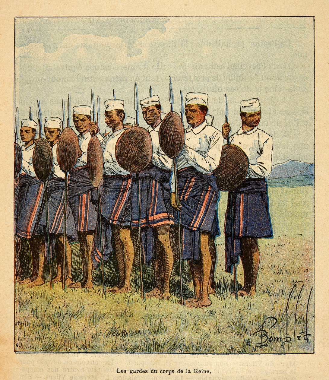 Der Krieg in Madagaskar - Anekdotische Geschichte der französischen Expeditionen von 1885-1895 von Henri Galli dit Galllichet (1854-1922), illustriert von Louis Bombled (1862-1927): Wachen der Königin Ranavalona, Privatbesitz von Louis Charles Bombled