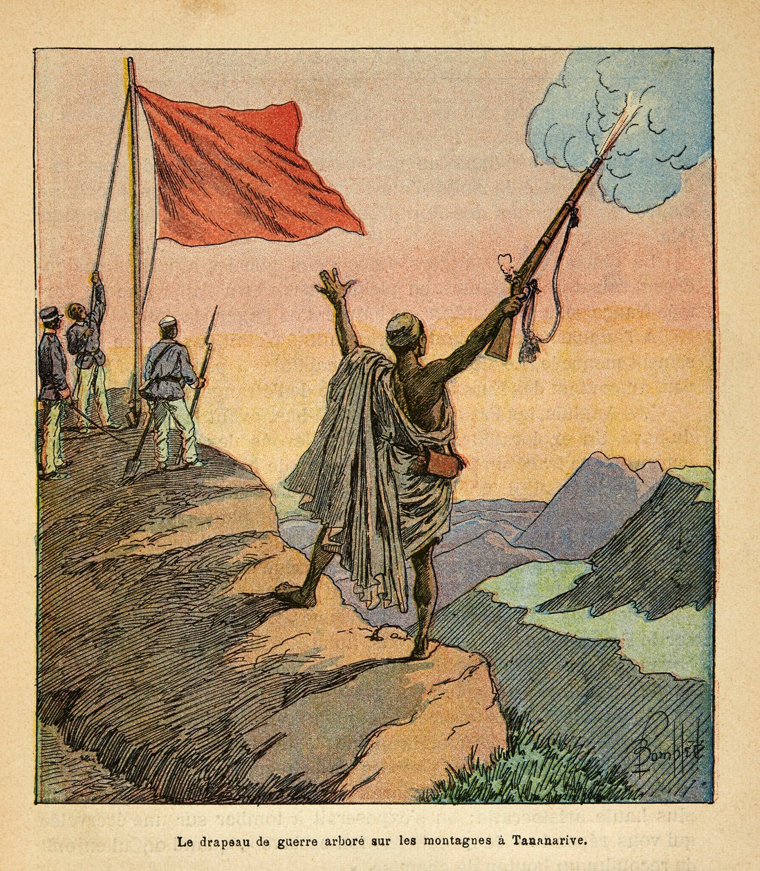 Der Krieg in Madagaskar - Anekdotische Geschichte der französischen Expeditionen von 1885-1895 von Henri Galli, illustriert von Louis Bombled: Die malagassische rote Kriegsflagge auf den Tananarive-Bergen von Louis Charles Bombled