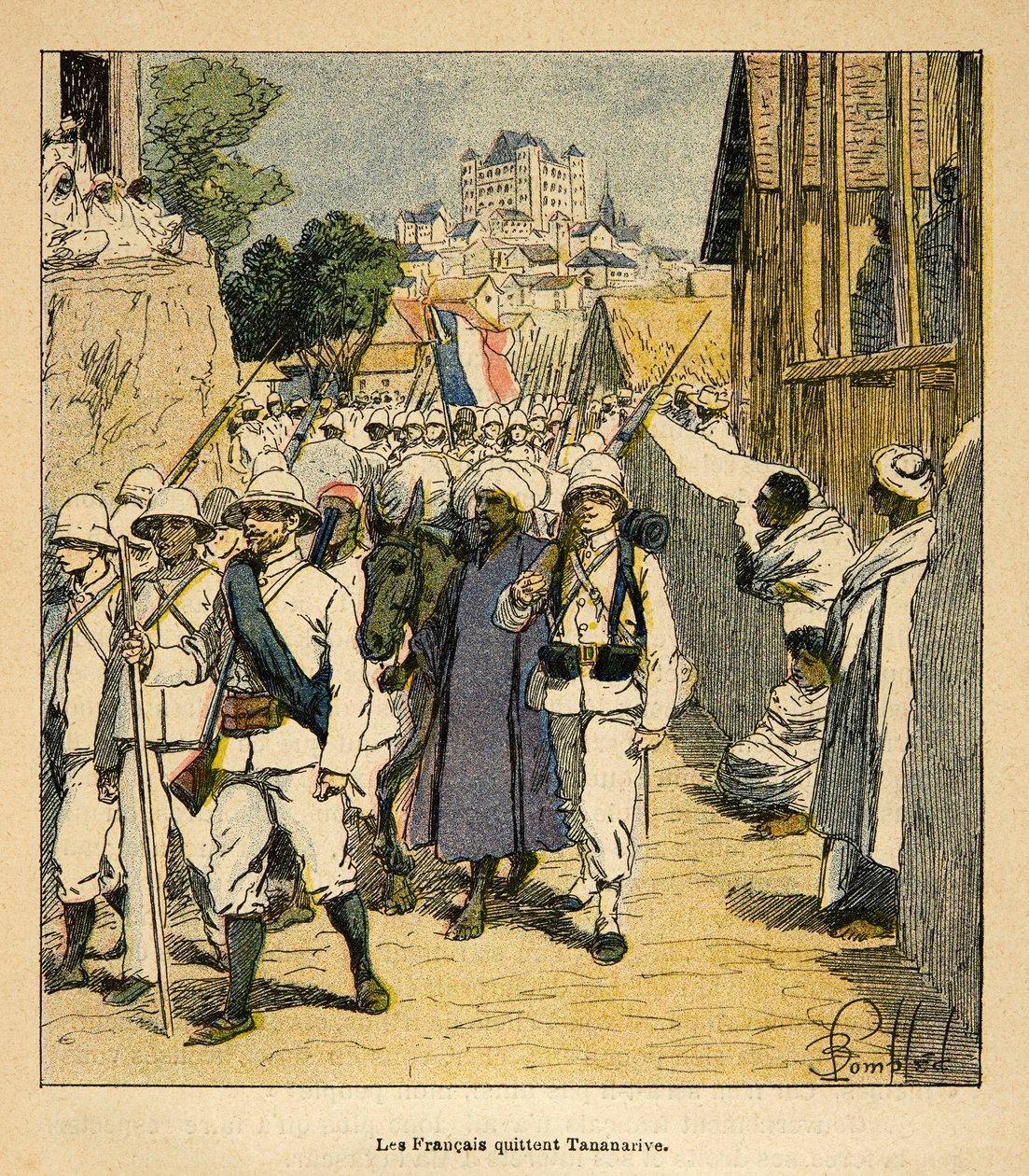 Der Krieg in Madagaskar - Anekdotische Geschichte der französischen Expeditionen von 1885-1895 von Henri Galli, illustriert von Louis Bombled: Die französische Armee in Tananarive, 1895 von Louis Charles Bombled