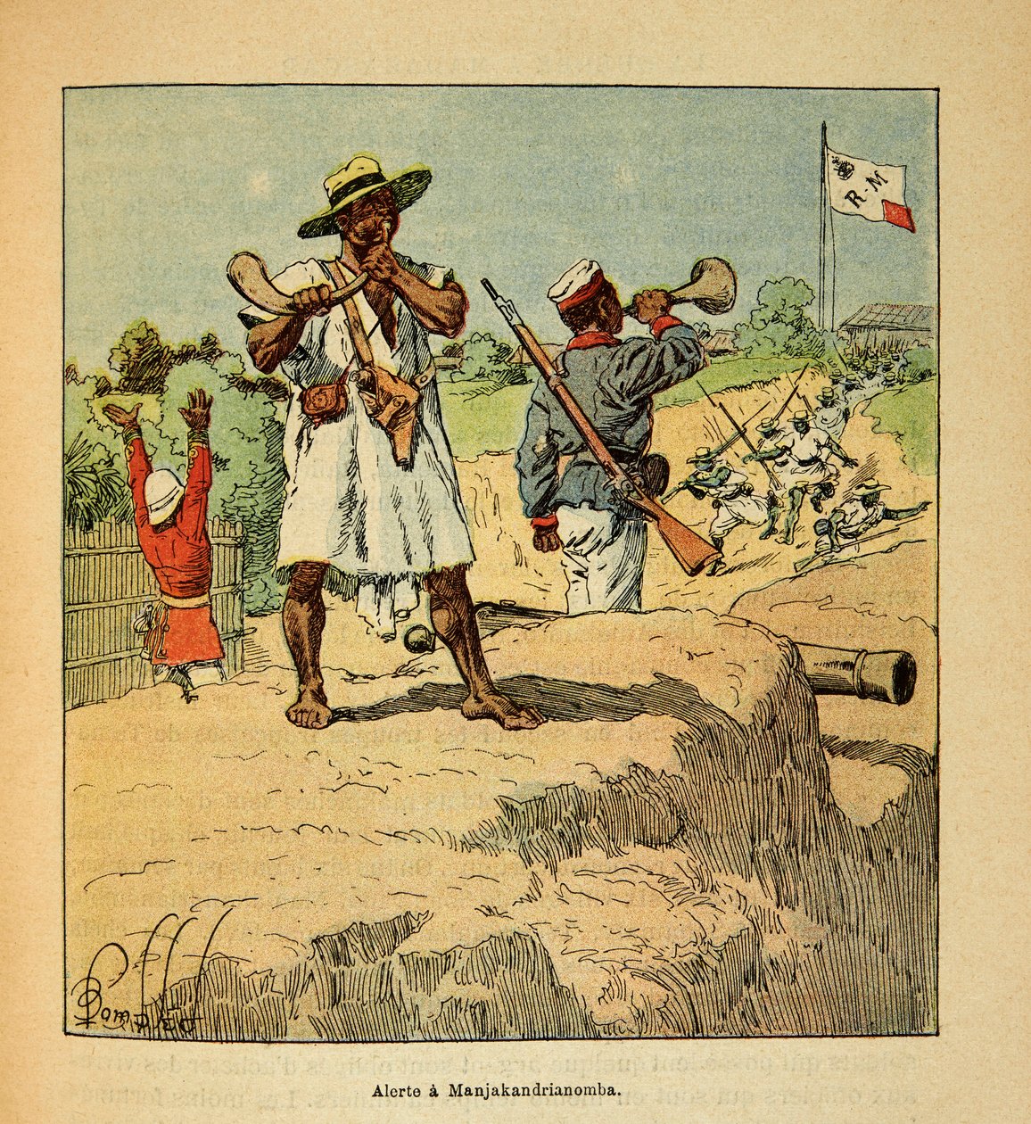 Der Krieg in Madagaskar - Anekdotische Geschichte der französischen Expeditionen von 1885-1895: Madagassische Truppen in Alarmbereitschaft in Manjakandrianomba bei der Ankunft französischer Truppen 1895 von Louis Charles Bombled