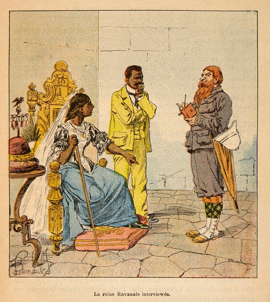 Der Krieg in Madagaskar - Anekdotische Geschichte der französischen Expeditionen von 1885-1895: Ein englischer Journalist interviewt Königin Ravanalo 1895 in Anwesenheit ihres Premierministers von Louis Charles Bombled