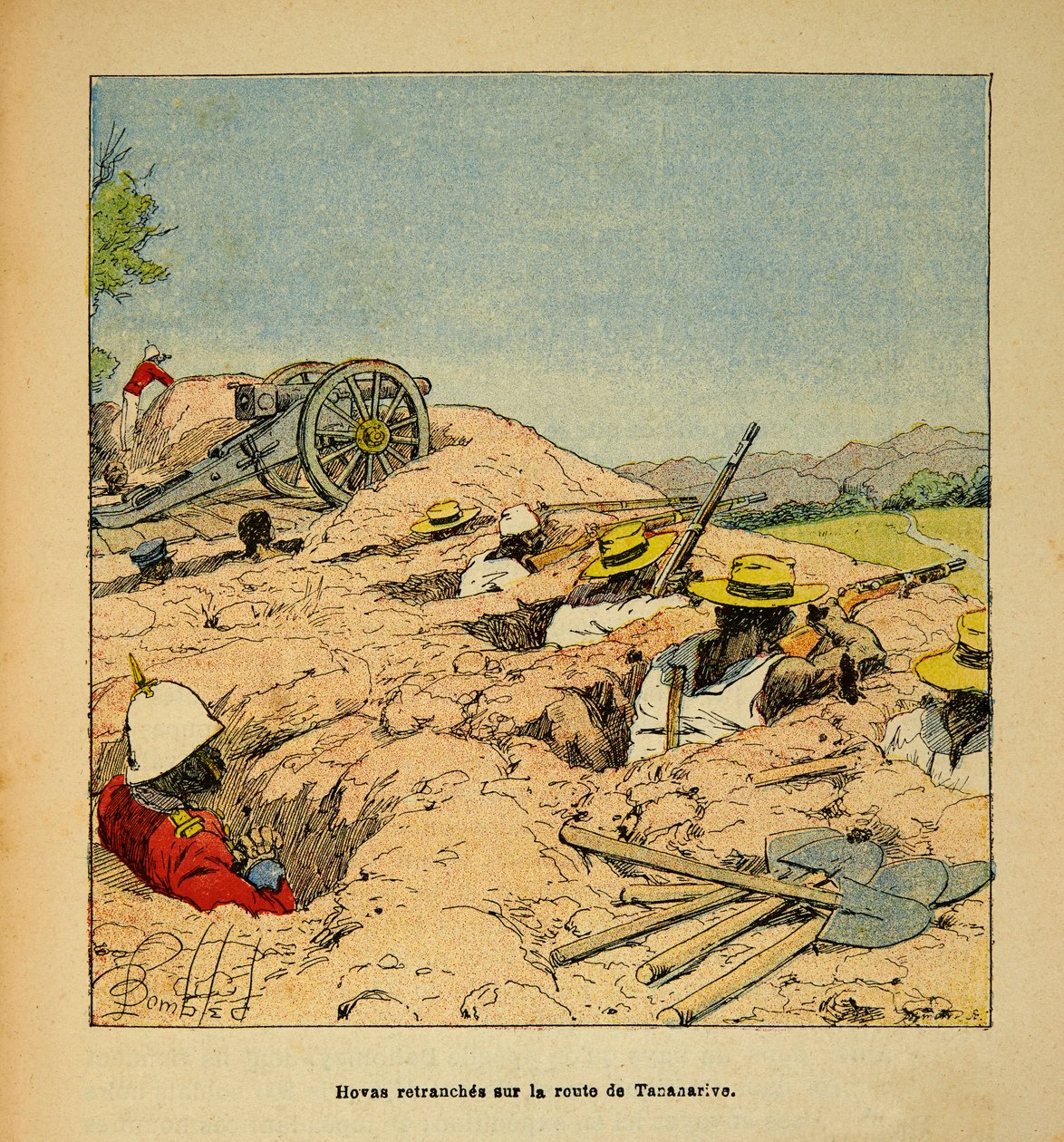Der Krieg in Madagaskar - Anekdotische Geschichte der französischen Expeditionen von 1885-1895 von Henri Galli dit Galllichet (1854-1922), illustriert von Louis Bombled (1862-1927): Hovas-Truppen in Schützengräben auf dem Weg nach Tannarive im Jahr 1895, P von Louis Charles Bombled