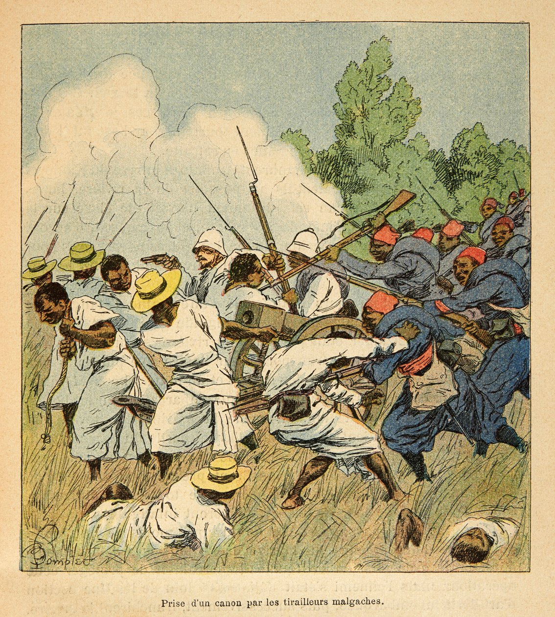 Der Krieg in Madagaskar - Anekdotische Geschichte der französischen Expeditionen von 1885-1895 von Henri Galli dit Galllichet, illustriert von Louis Bombled: Die Madagassen erobern eine Kanone während der Schlachten von Ambolomonty im Jahr 1895 von Louis Charles Bombled