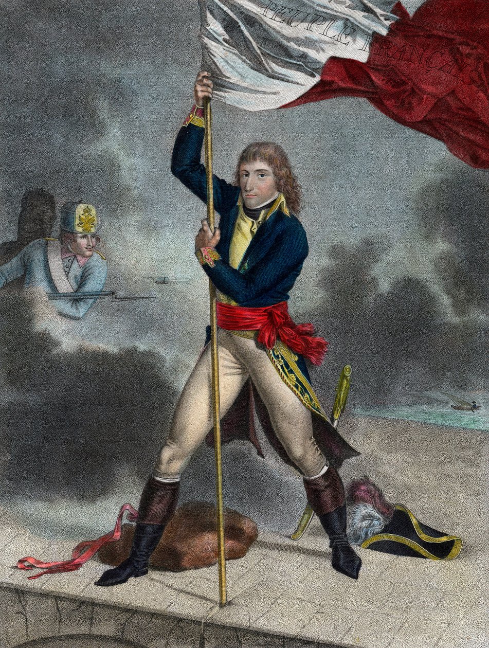 Napoleon Bonaparte während der Schlacht an der Brücke von Arcole (Arcola), November 1796 - Buonaparte General en Chef der Armee von Italien pflanzt eine Fahne auf der Brücke von Arcole im Jahr 1796 - Gravur von Louis Charles Ruotte von Louis Charles Ruotte
