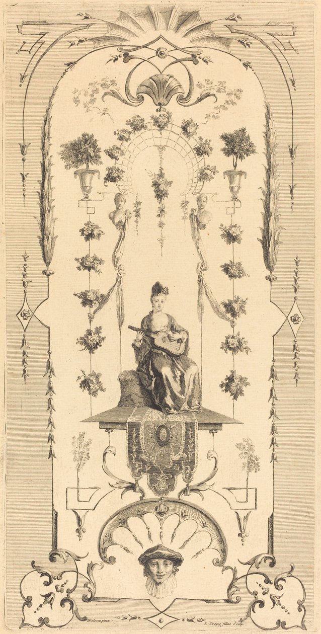 Sitzende Frau, die Gitarre spielt von Louis Crépy after Antoine Watteau