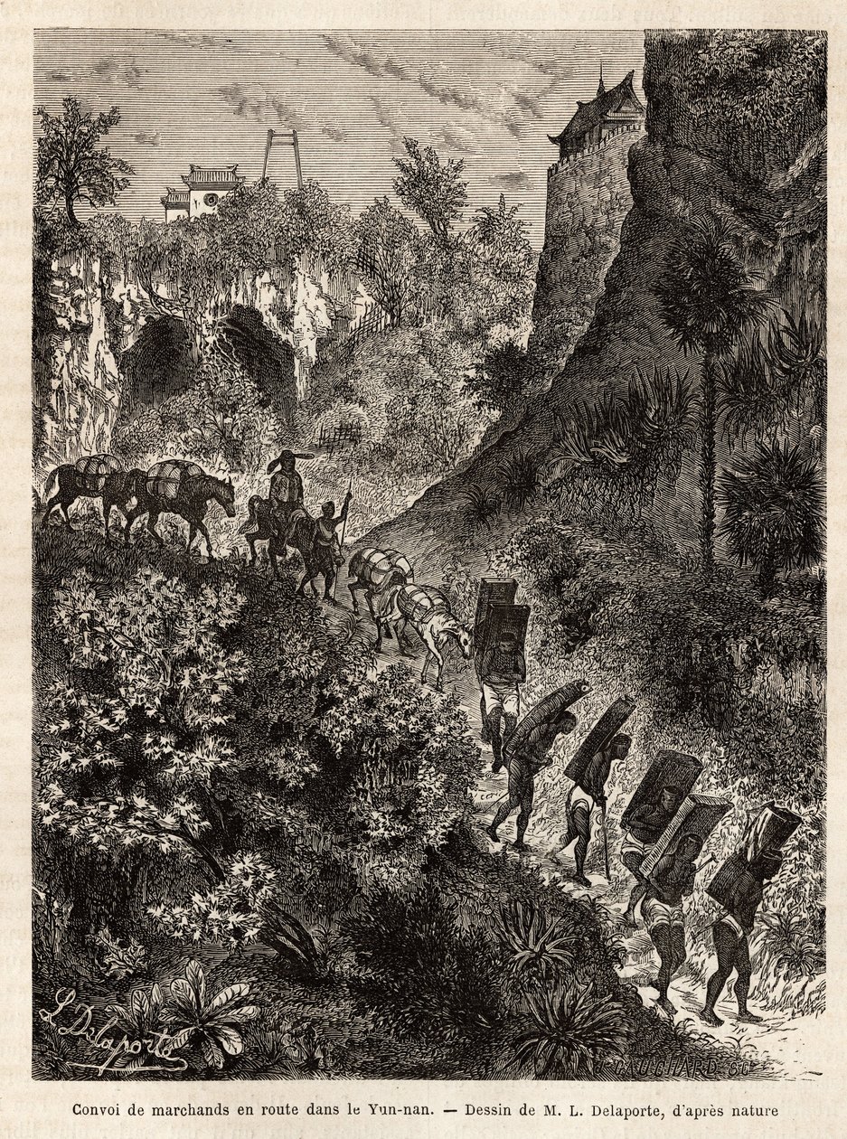 Ein Konvoi von Händlern und ihren Trägern auf dem Weg nach Yunnan (China), graviert nach der Zeichnung von L. Delaporte, zur Illustration der Entdeckungsreise in Indochina von Francis Garnier, Schiffslieutenant, 1866-1868, veröffentlicht in „Le tour du mon von Louis Delaporte