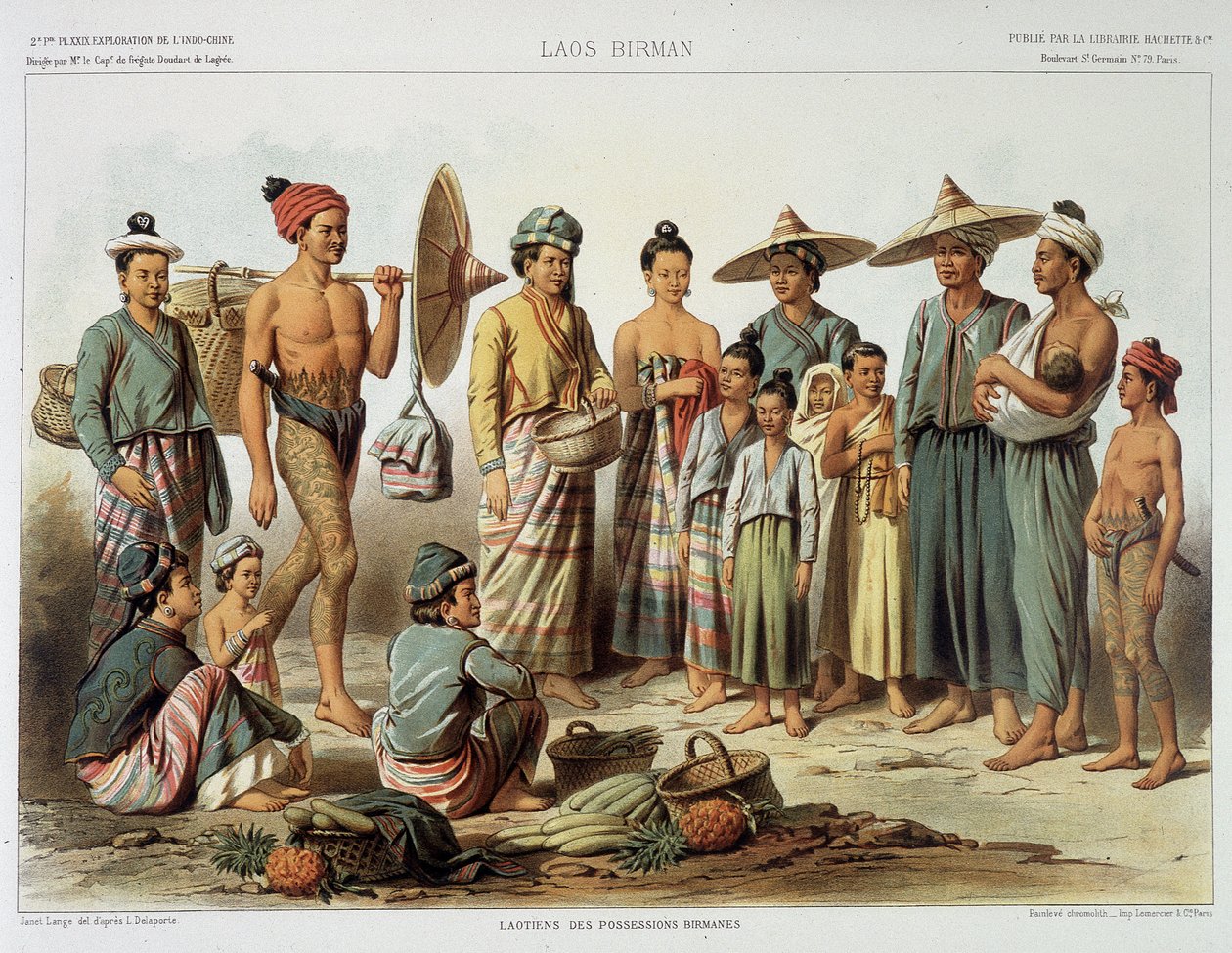 Laotische Bevölkerungen um 1870 in „Reise der Erkundung in Indochina 1866-1868“ von Francis Garnier Paris von Louis Delaporte