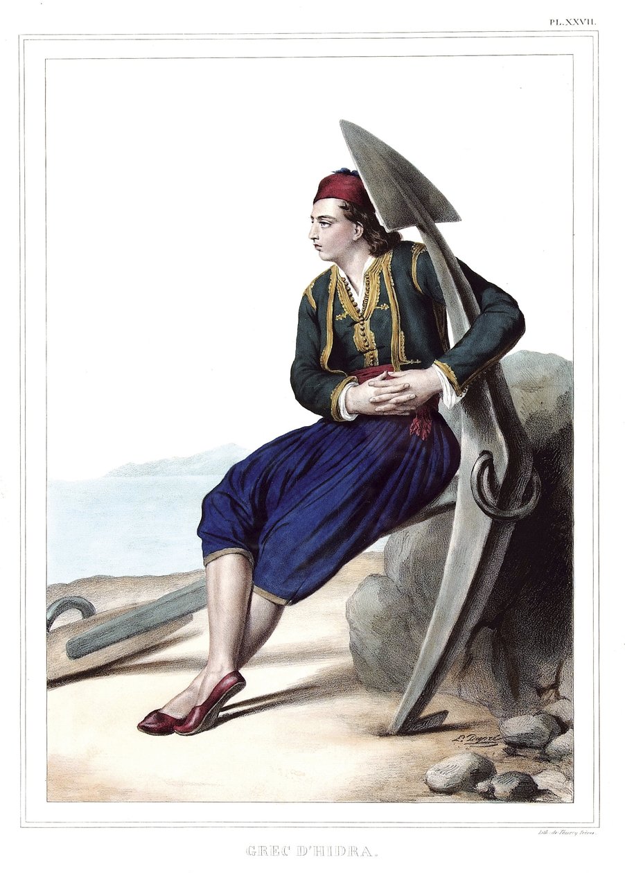 Grieche von Hidra. in "Reise nach Athen und Konstantinopel, oder Sammlung griechischer und osmanischer Porträts, Ansichten und Kostüme, vor Ort gemalt, lithographiert und koloriert von Louis Dupre (1789-1837), Schüler von David. 1825." von Louis Dupré
