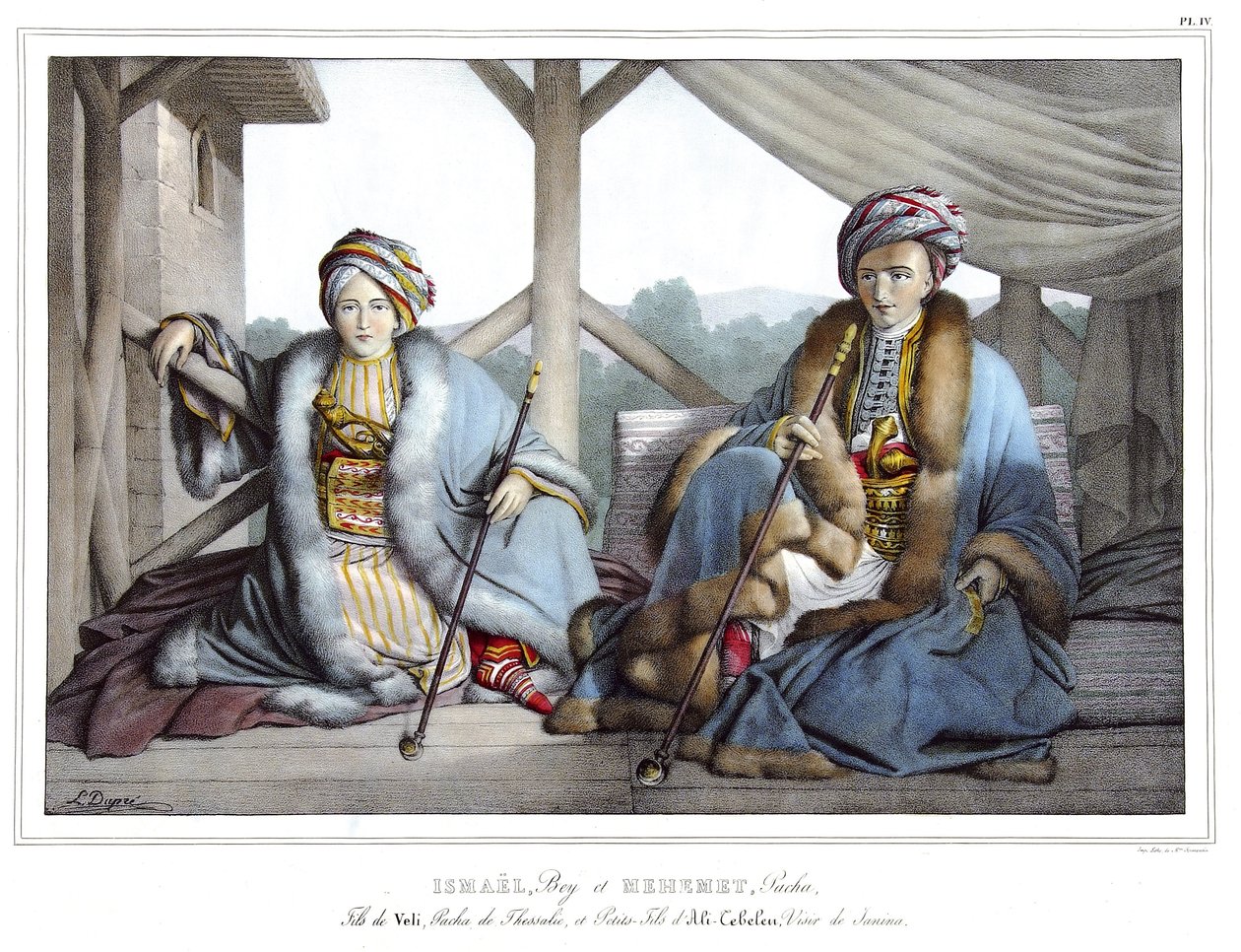 Ismael, Bey und Mehemet Pascha, Sohn von Veli, Pascha von Thessalien und Enkel von Ali Tebelen (1741-1822), Wesir von Janina, in "Reise nach Athen und Konstantinopel, oder Sammlung griechischer und osmanischer Porträts, Ansichten und Kostüme, vor Ort gemal von Louis Dupré