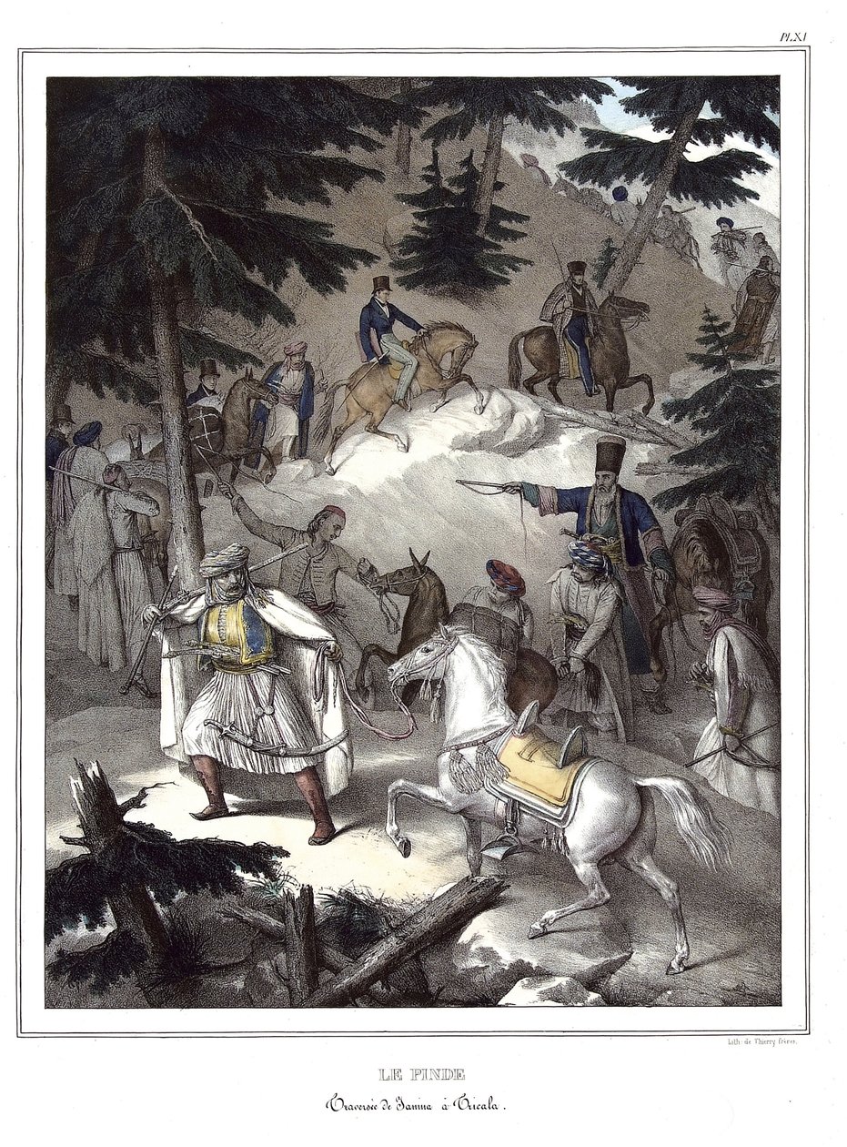 Der Pindos, Durchquerung von Janina nach Trikala. in "Reise nach Athen und Konstantinopel, oder Sammlung griechischer und osmanischer Porträts, Ansichten und Kostüme, vor Ort gemalt, lithographiert und koloriert von Louis Dupre (1789-1837), veröffentlicht  von Louis Dupré