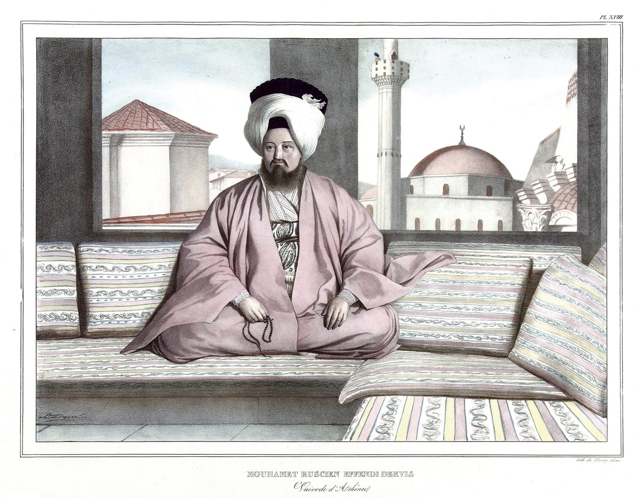 Mouhamet Ruscien Effendi Dervis, Vaivode von Athen. in „Reise nach Athen und Konstantinopel, oder Sammlung griechischer und osmanischer Porträts, Ansichten und Kostüme, nach der Natur gemalt, lithographiert und koloriert von Louis Dupre (1789-1837), Schüle von Louis Dupré