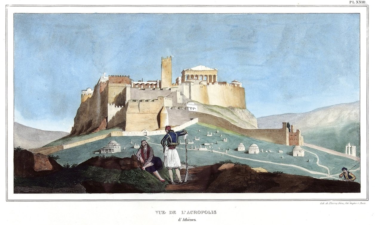 Ansicht der Akropolis von Athen. in „Reise nach Athen und Konstantinopel, oder Sammlung griechischer und osmanischer Porträts, Ansichten und Kostüme, nach der Natur gemalt, lithografiert und koloriert von Louis Dupre (1789-1837), Schüler von David.1825. von Louis Dupré