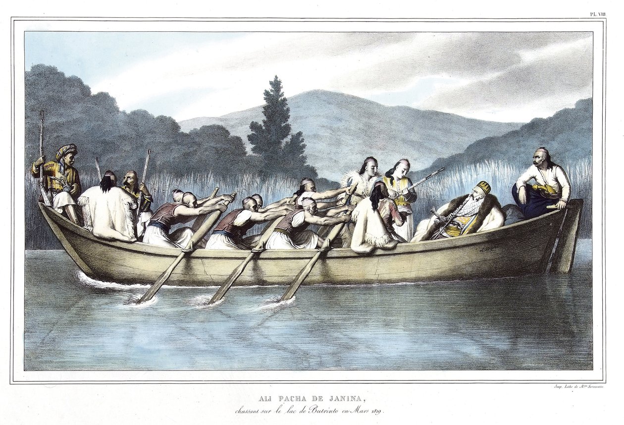 Ali Pascha von Janina (1741-1822), Jagd auf dem Butrinto-See im März 1819. in „Reise nach Athen und Konstantinopel, oder Sammlung griechischer und osmanischer Porträts, Ansichten und Kostüme, vor Ort nach der Natur gemalt, lithografiert und koloriert von  von Louis Dupré